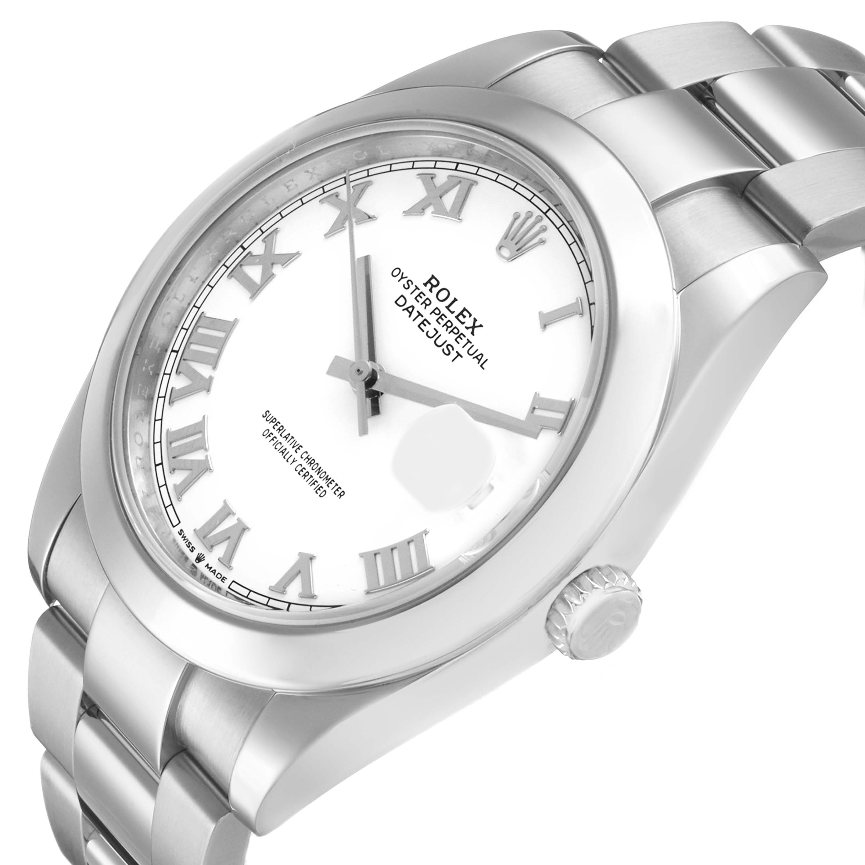 The Rolex Datejust 41 126300 Men's Stainless Steel White Dial watch is shown at a slight angle displaying the face, crown, and part of the bracelet.