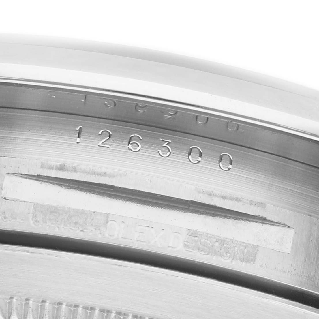 The close-up image shows the inner case engravings on a Rolex Datejust 41 126300 Men's Stainless Steel White Dial, highlighting the model number.
