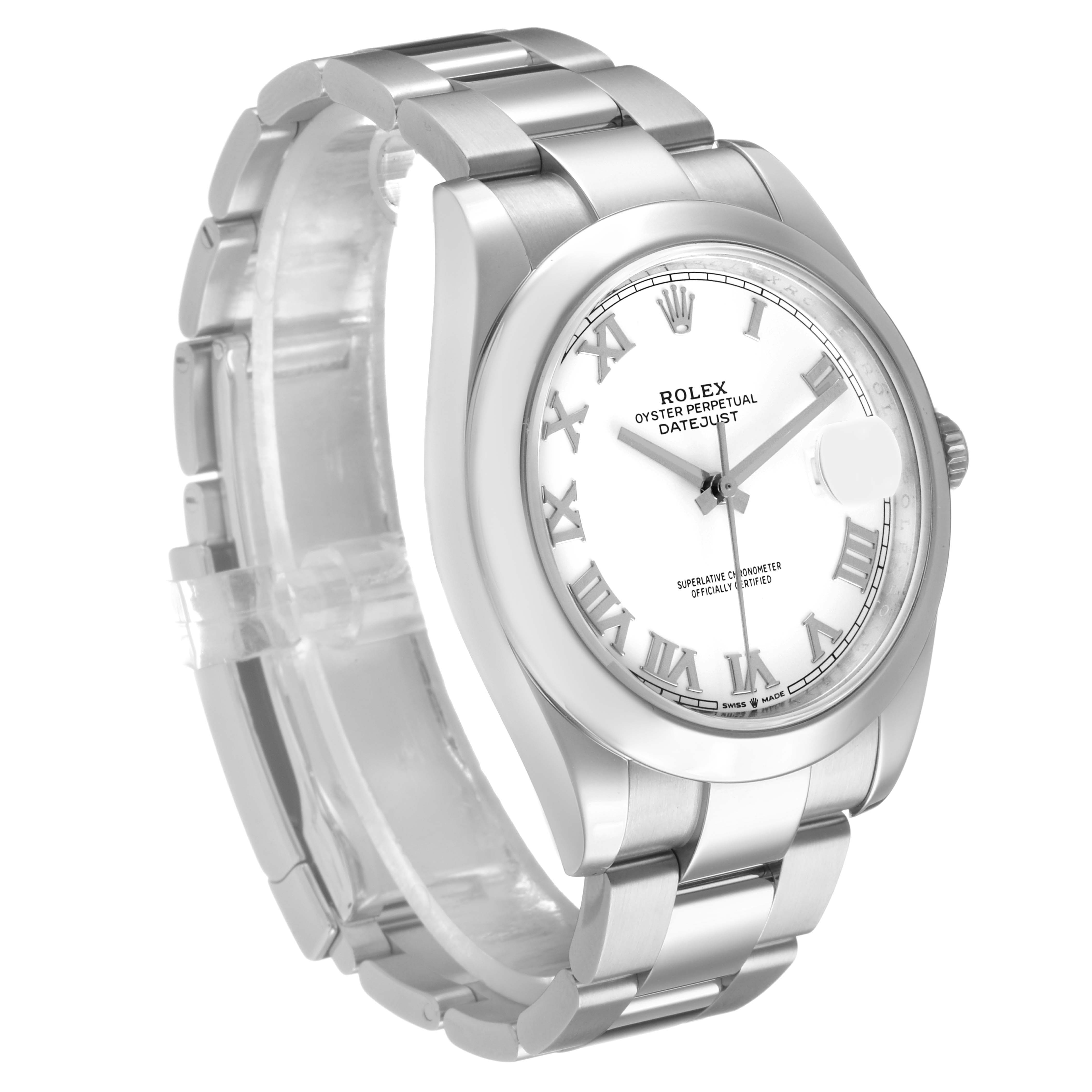 The Rolex Datejust 41 126300 Men's Stainless Steel White Dial watch is shown at an angle highlighting the face, bracelet, and case.