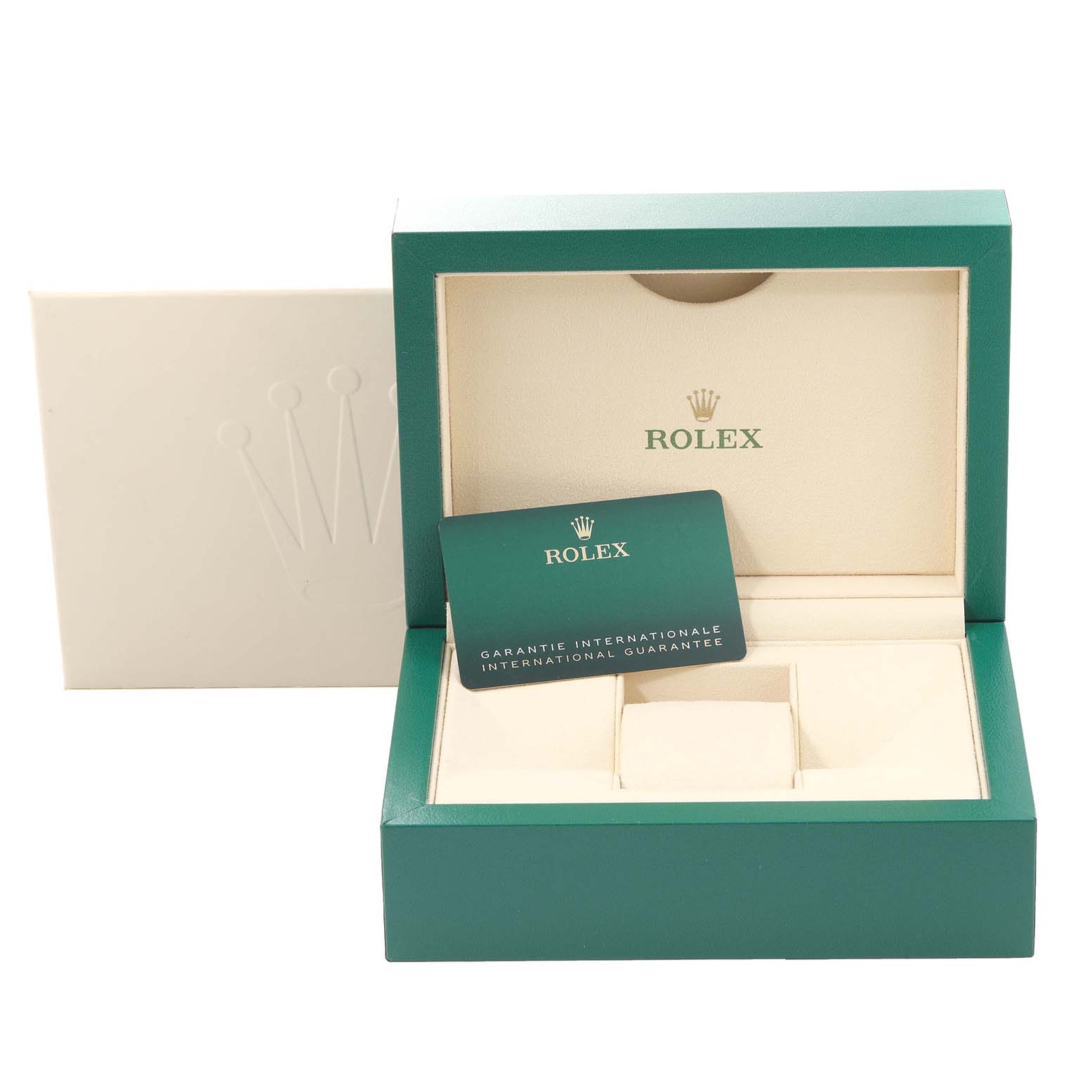 This image shows the open storage box and guarantee card for a Rolex Datejust 41 126334 Men
s Stainless Steel Blue Dial 126334 Men
s Stainless Steel Blue Dial watch.