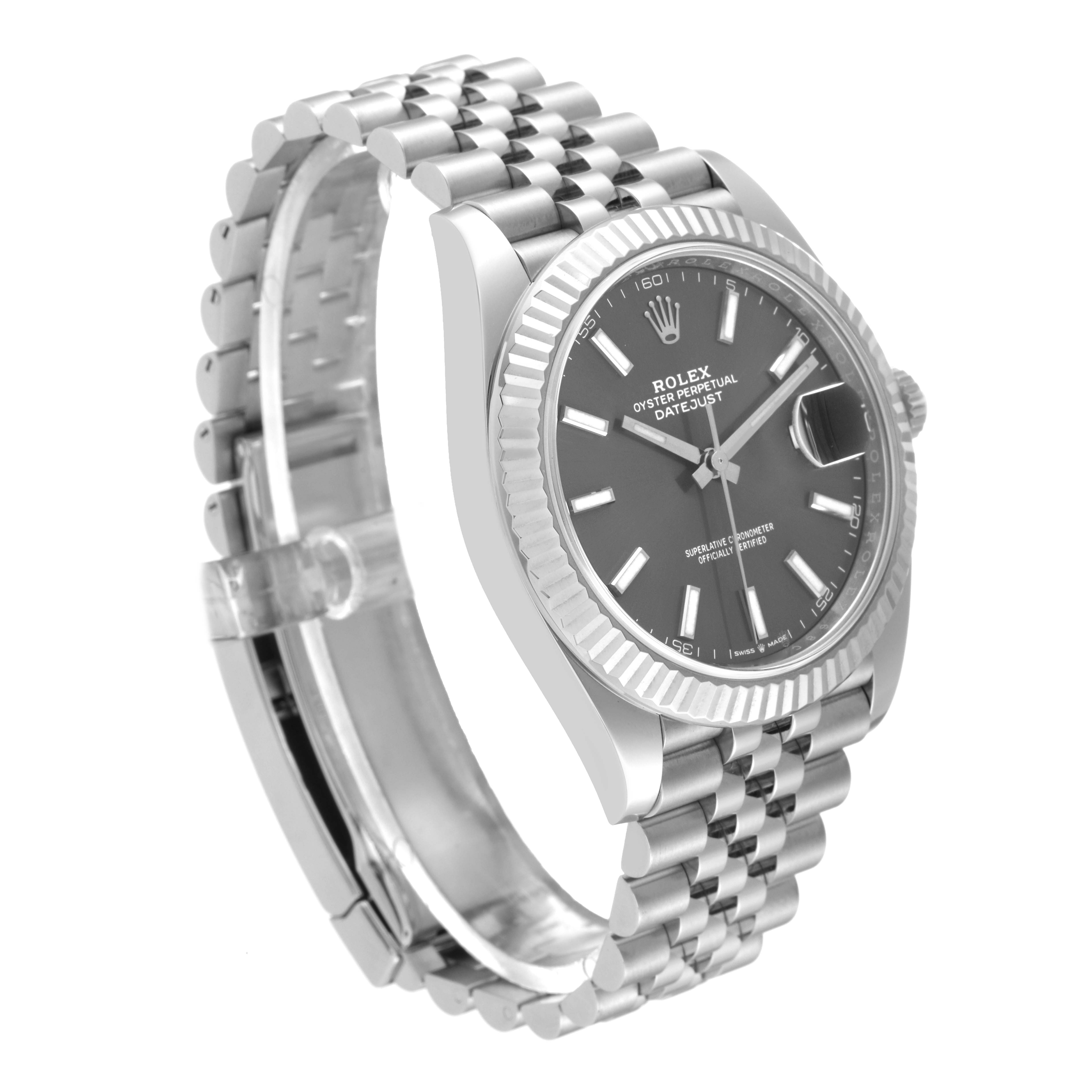 The image shows a side angle of a Rolex Datejust 41 126334 Men
s Stainless Steel Grey Dial 126334 Men
s Stainless Steel Grey Dial, displaying its bracelet, case, bezel, and dial.