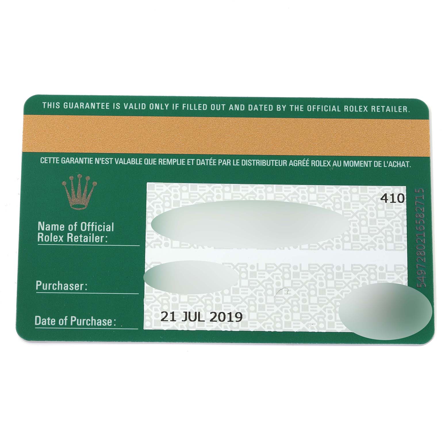 The image shows a green and gold guarantee card for the Rolex Datejust 41 126334 Men
s Stainless Steel Grey Dial 126334 Men
s Stainless Steel Grey Dial, detailing the purchaser and date of purchase.