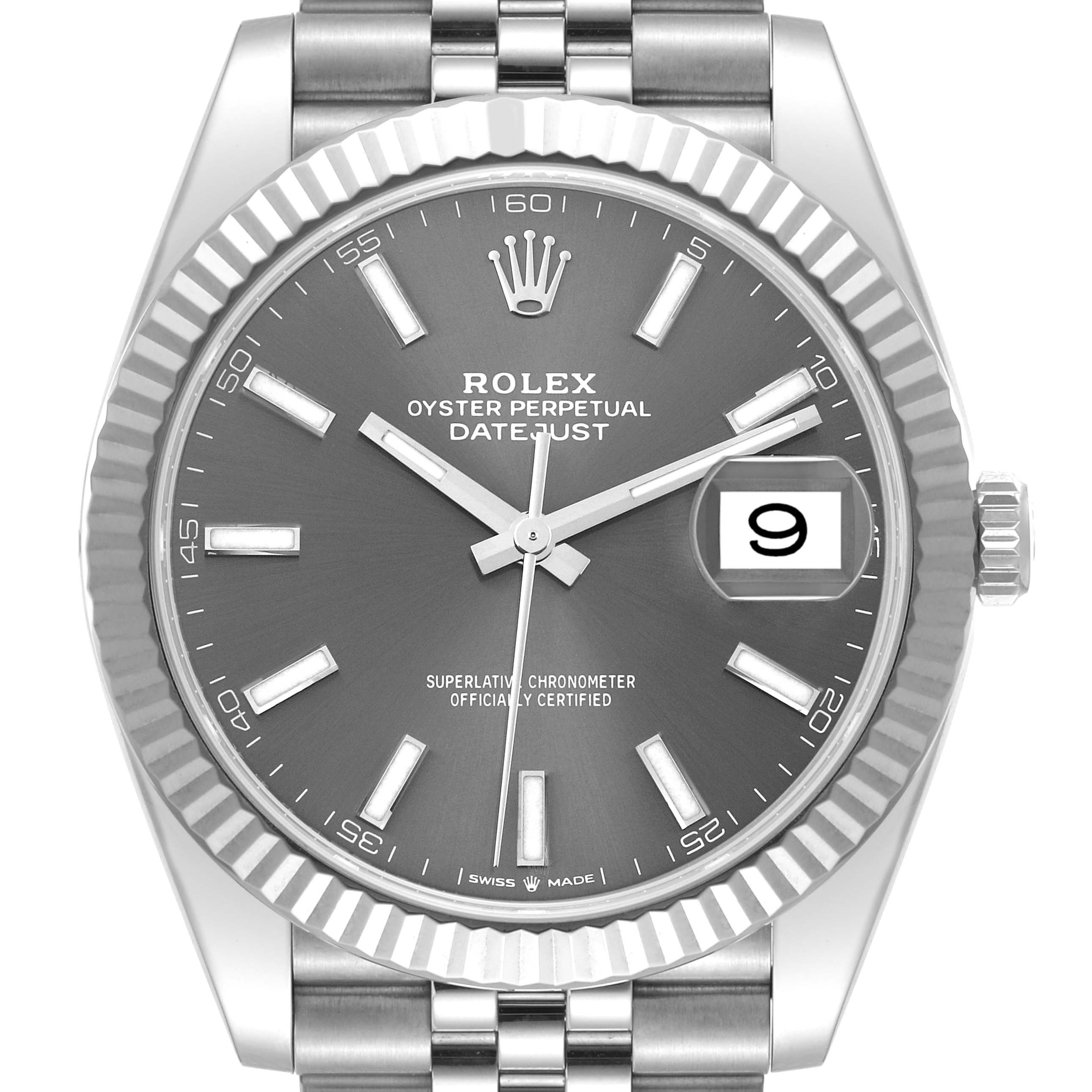 This is a close-up front view of a Rolex Datejust 41 126334 Men
s Stainless Steel Grey Dial 126334 Men
s Stainless Steel Grey Dial, showing the dial, hands, fluted bezel, and part of the bracelet.