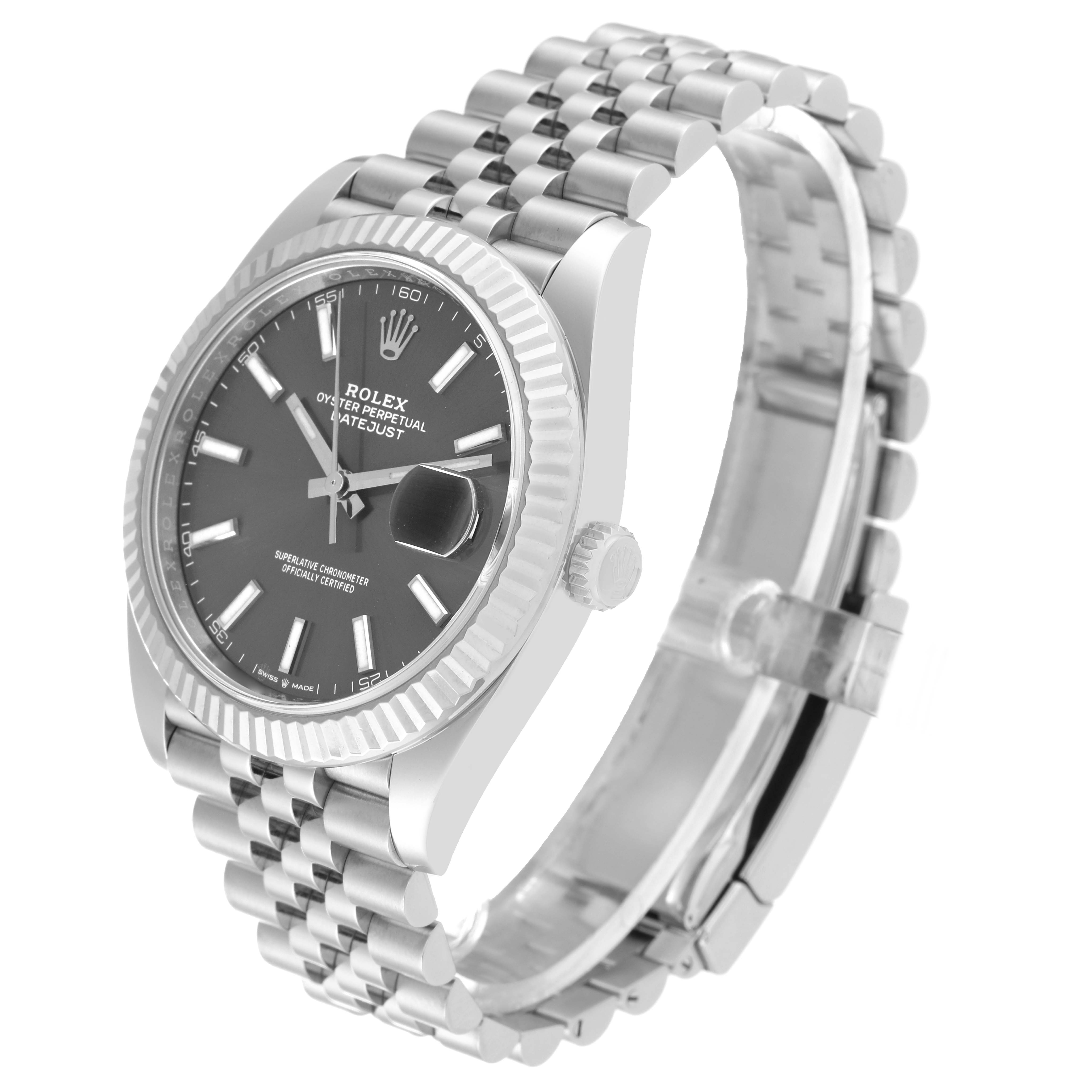 The image shows a Rolex Datejust 41 126334 Men
s Stainless Steel Grey Dial 126334 Men
s Stainless Steel Grey Dial model watch featuring its face, bezel, crown, and jubilee bracelet from a three-quarter view angle.