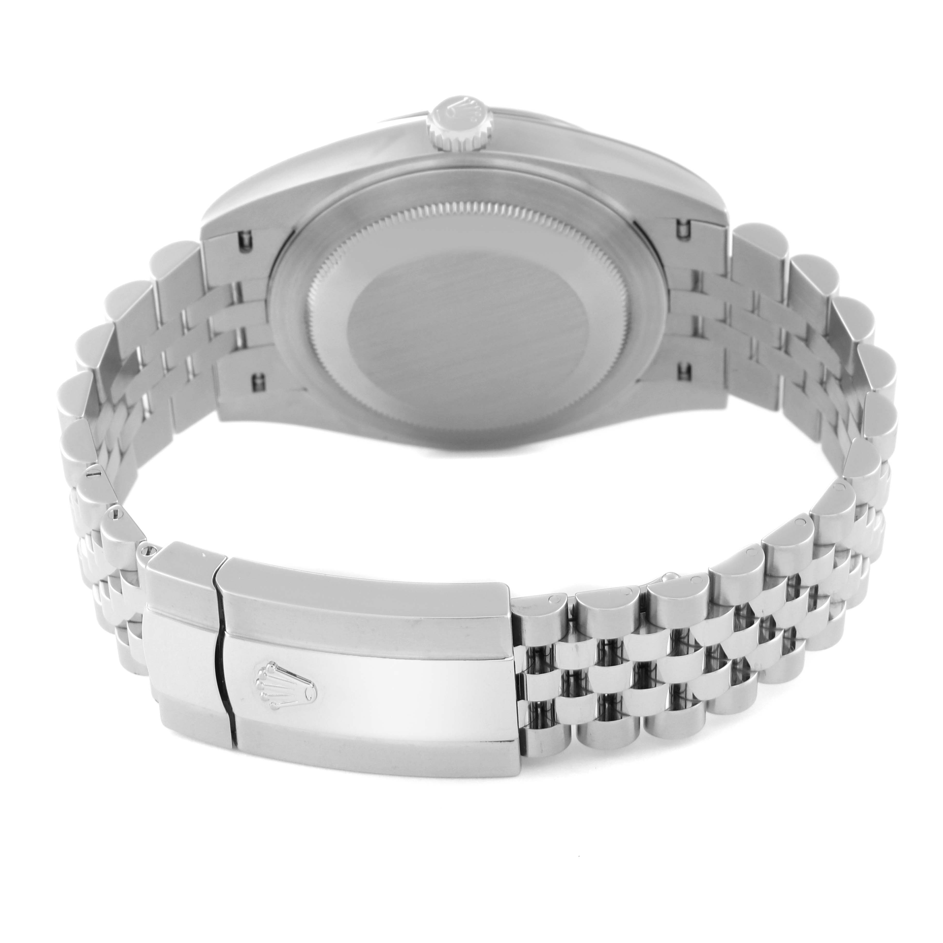 This image shows the back view of a Rolex Datejust 41 126334 Men
s Stainless Steel Grey Dial 126334 Men
s Stainless Steel Grey Dial watch focusing on the case back and Jubilee bracelet with the clasp.