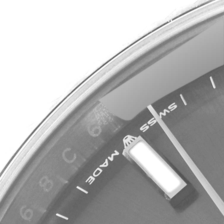 This image shows a close-up of the dial
s edge, luminescent marker, and "Swiss Made" text of the Rolex Datejust 41 126334 Men
s Stainless Steel Grey Dial 126334 Men
s Stainless Steel Grey Dial watch.