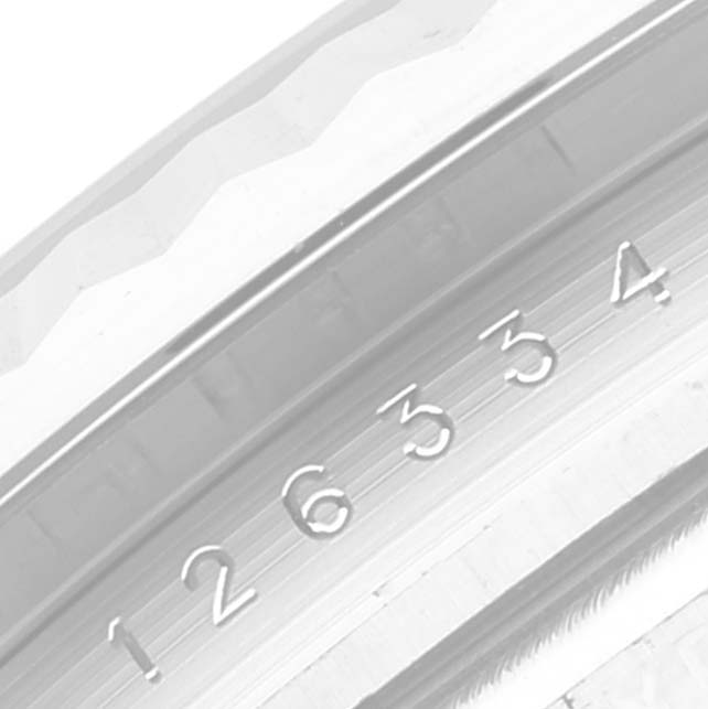 The image shows a close-up of the inner bezel engraving of a Rolex Datejust 41 126334 Men
s Stainless Steel Grey Dial 126334 Men
s Stainless Steel Grey Dial watch model.