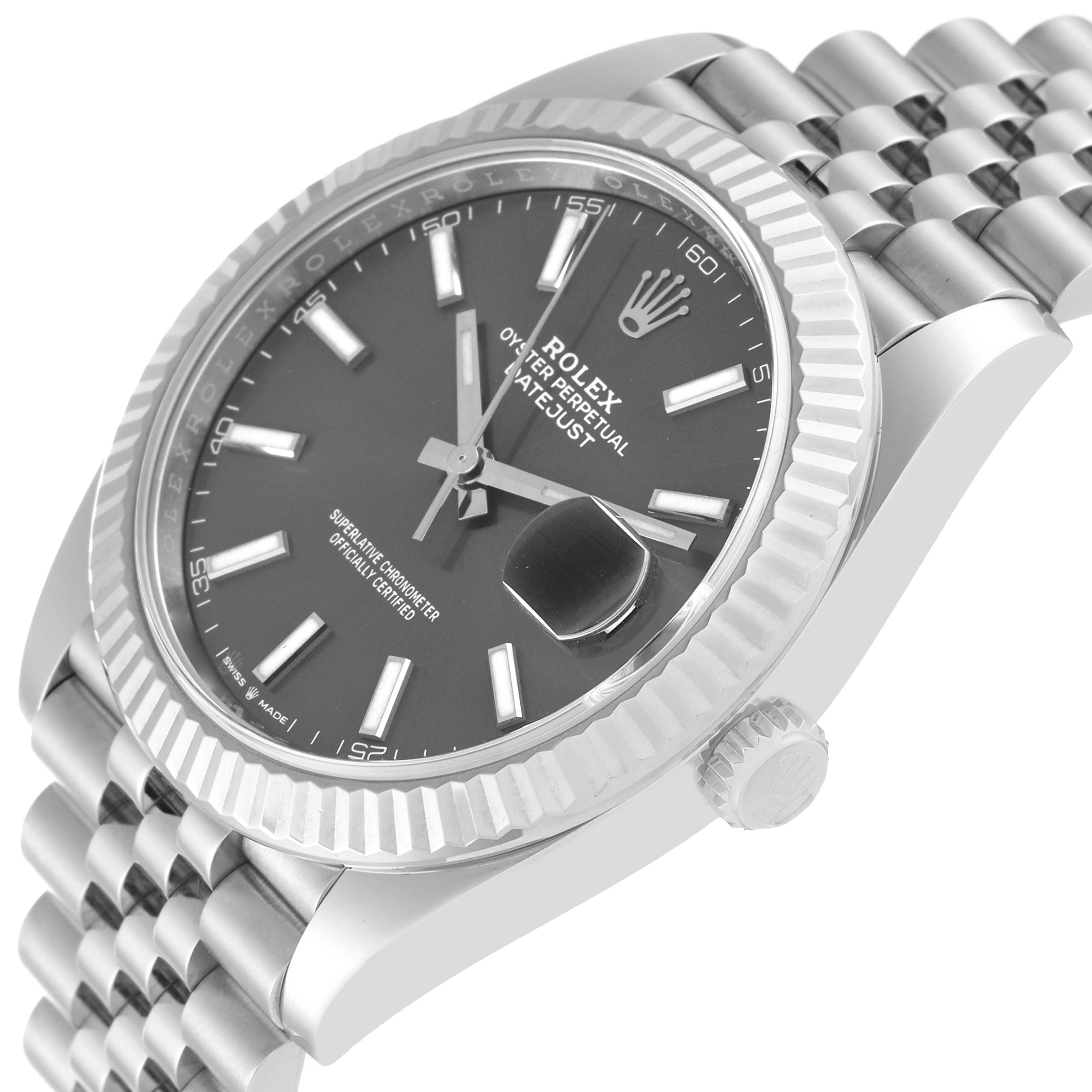 The Rolex Datejust 41 126334 Men
s Stainless Steel Grey Dial 126334 Men
s Stainless Steel Grey Dial watch is shown from an angled side view, highlighting the face, bezel, crown, and partial bracelet.