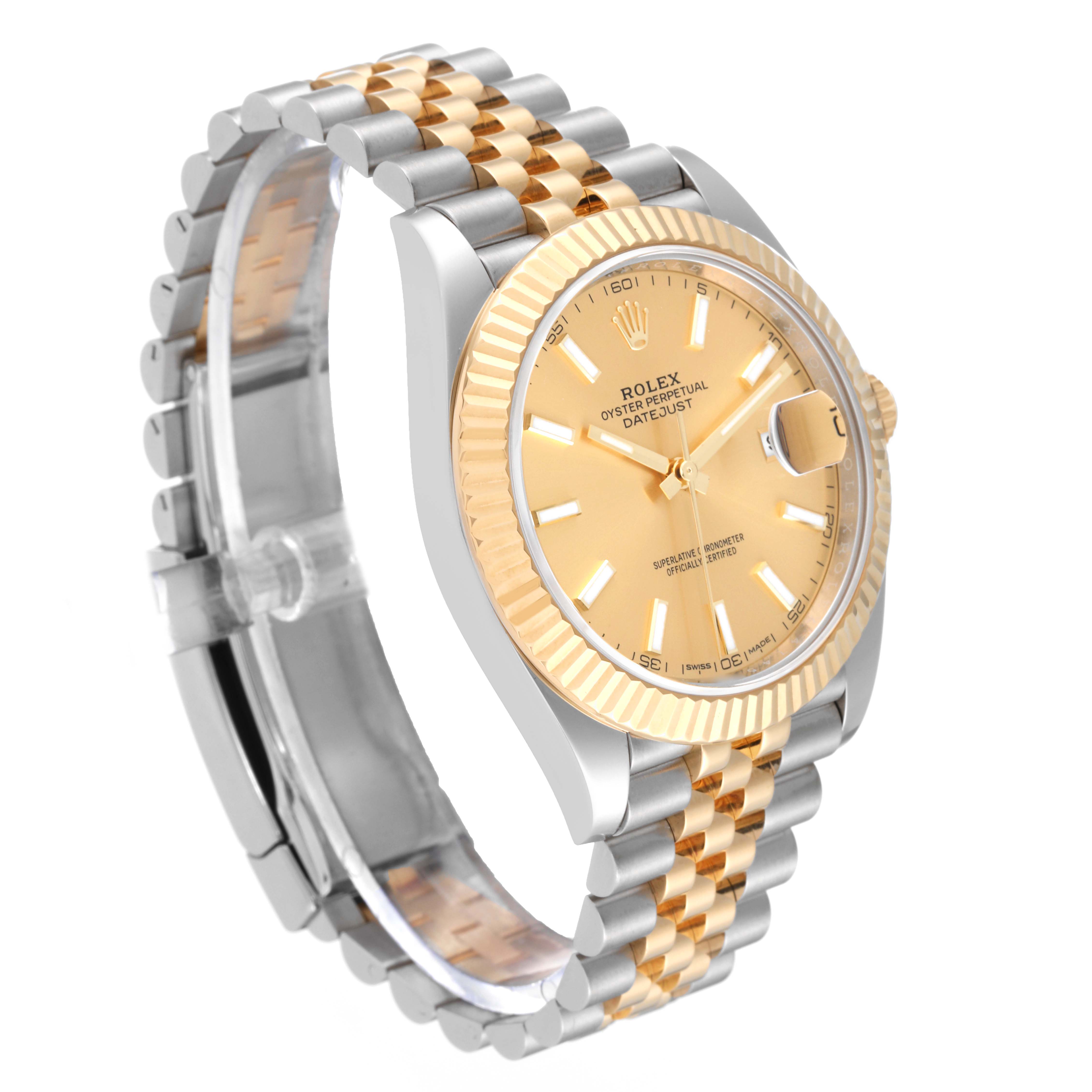 The image showcases a Rolex Datejust 41 126333 Men's Steel and Gold (two tone) Champagne Dial 126333 Men's Steel and Gold (two tone) Champagne Dial model at a 3/4 angle, highlighting the bracelet, bezel, dial, and date magnifier.