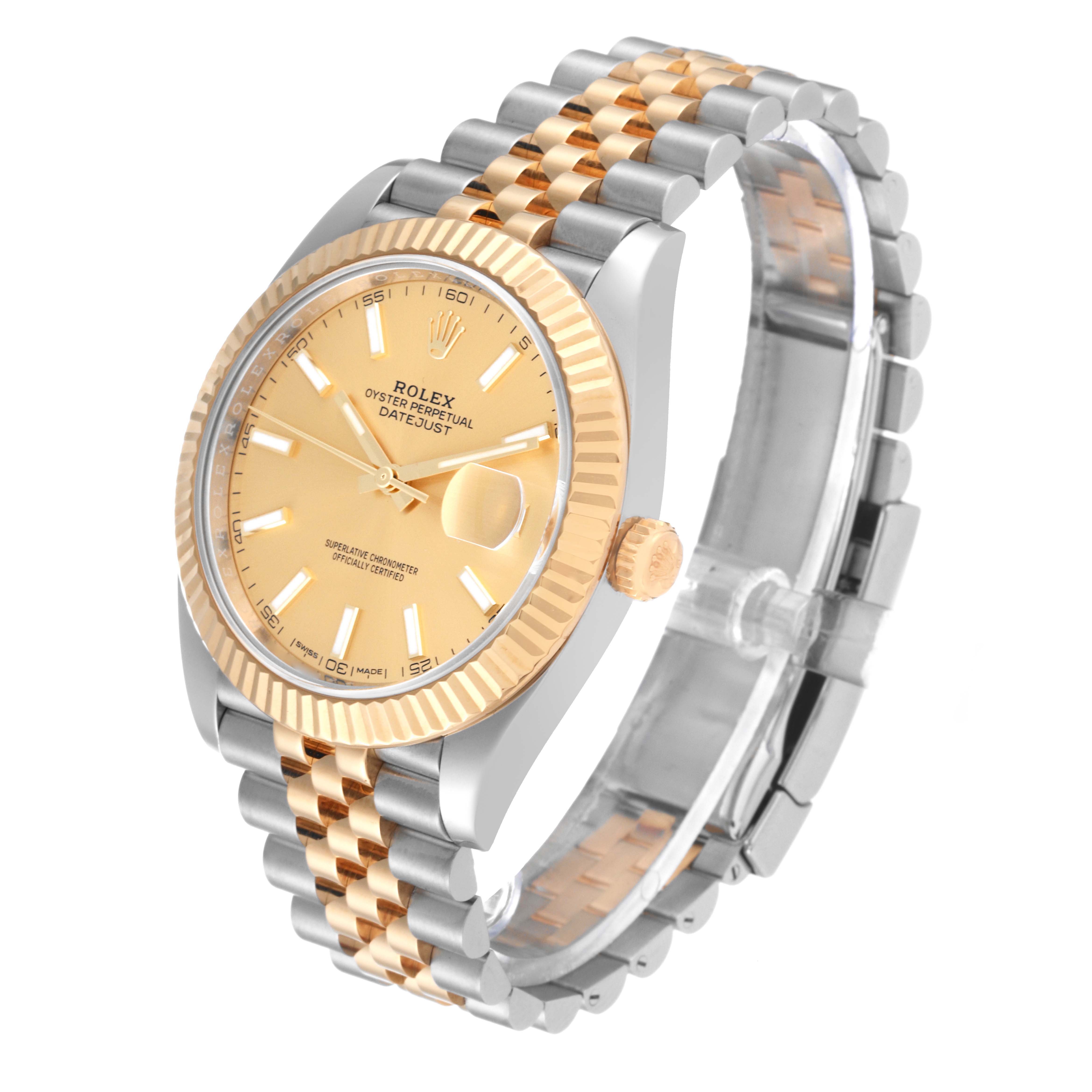 The Rolex Datejust 41 126333 Men's Steel and Gold (two tone) Champagne Dial 126333 Men's Steel and Gold (two tone) Champagne Dial watch is shown from an angled view, highlighting its jubilee bracelet, gold bezel, and champagne dial.