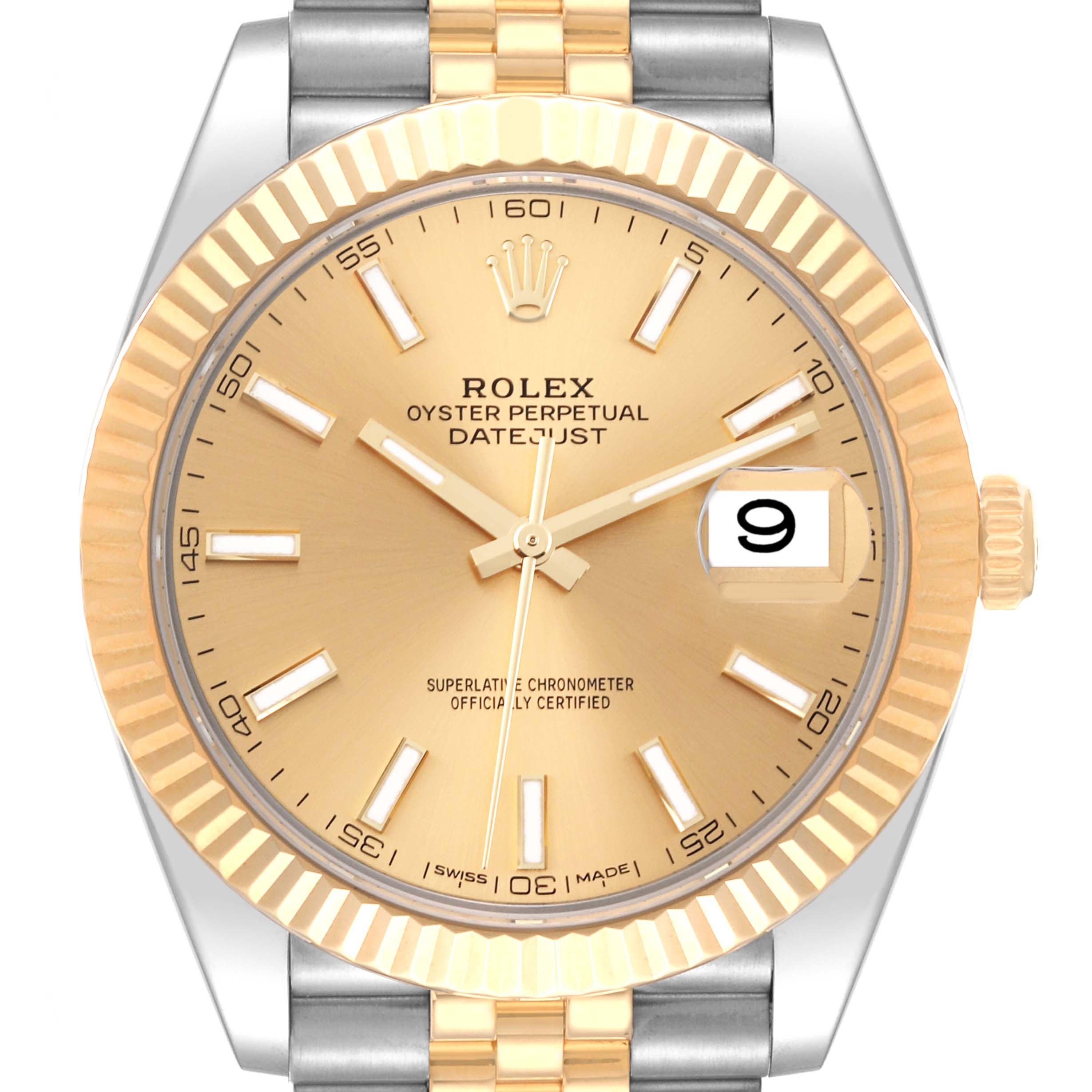 The image shows a close-up, front view of a Rolex Datejust 41 126333 Men's Steel and Gold (two tone) Champagne Dial 126333 Men's Steel and Gold (two tone) Champagne Dial watch, highlighting the gold and silver bezel, dial, and bracelet.