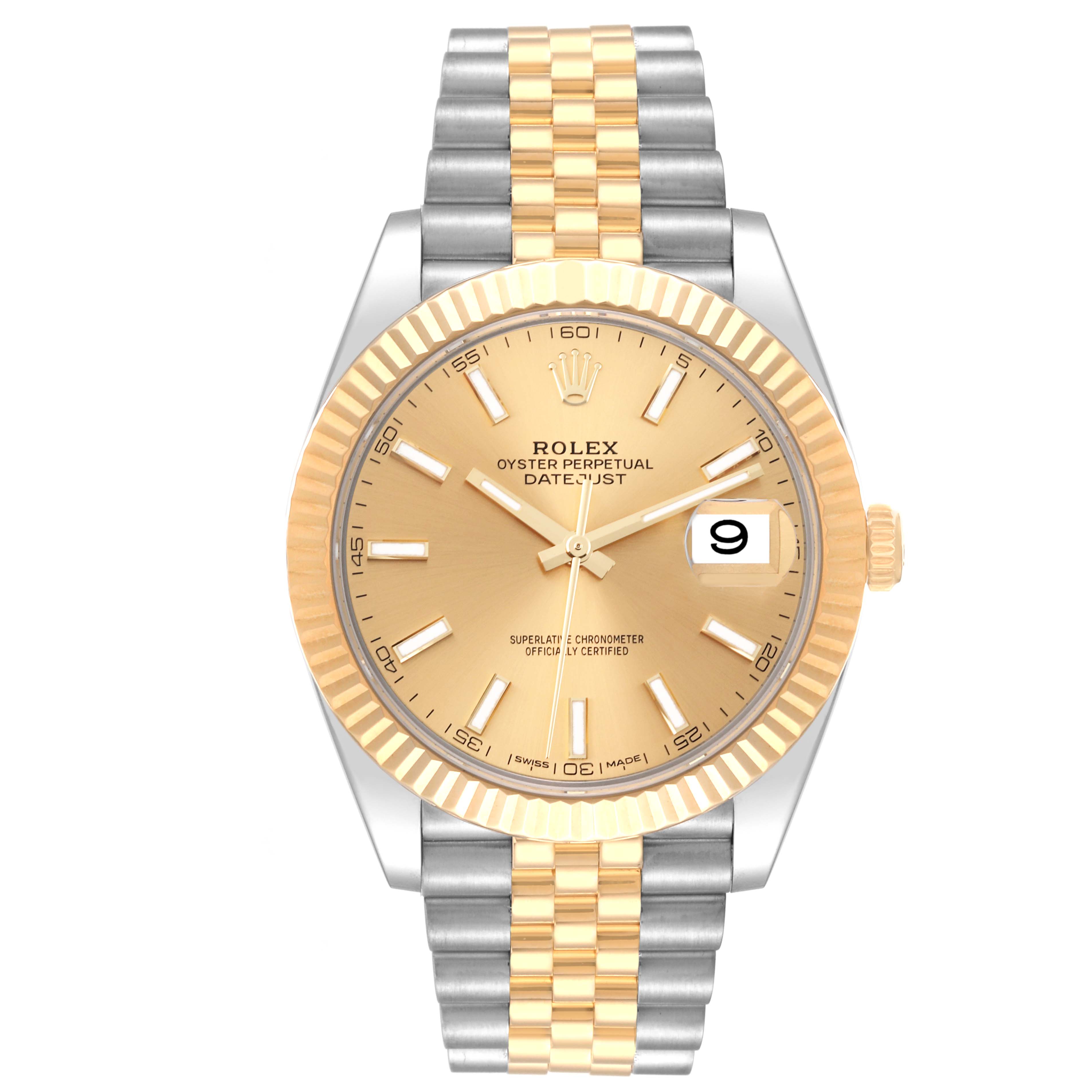 The Rolex Datejust 41 126333 Men's Steel and Gold (two tone) Champagne Dial 126333 Men's Steel and Gold (two tone) Champagne Dial watch is shown from a front angle, featuring the dial, bezel, and two-tone bracelet.