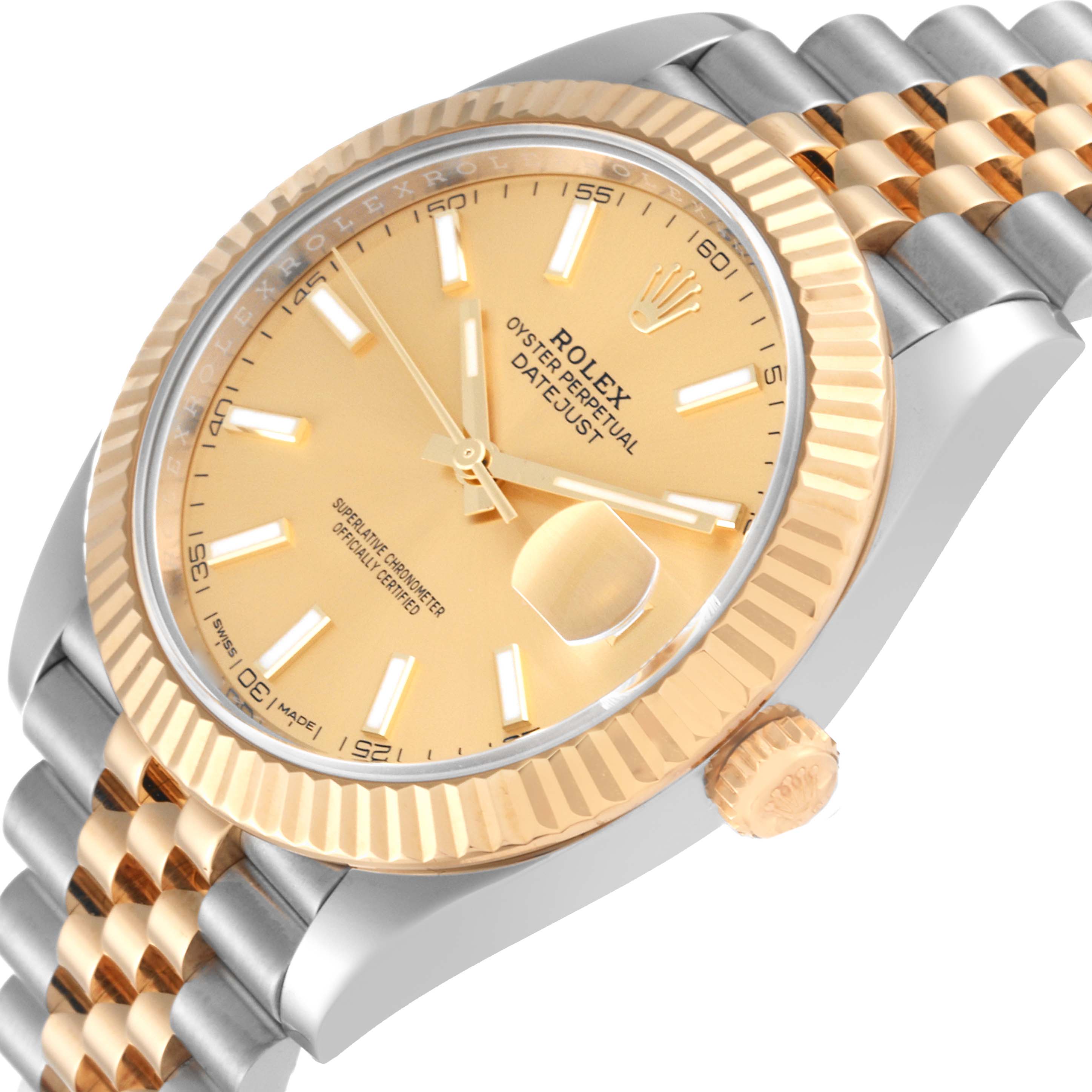 This image shows a close-up of the face, bezel, crown, and part of the bracelet of a Rolex Datejust 41 126333 Men's Steel and Gold (two tone) Champagne Dial 126333 Men's Steel and Gold (two tone) Champagne Dial watch.