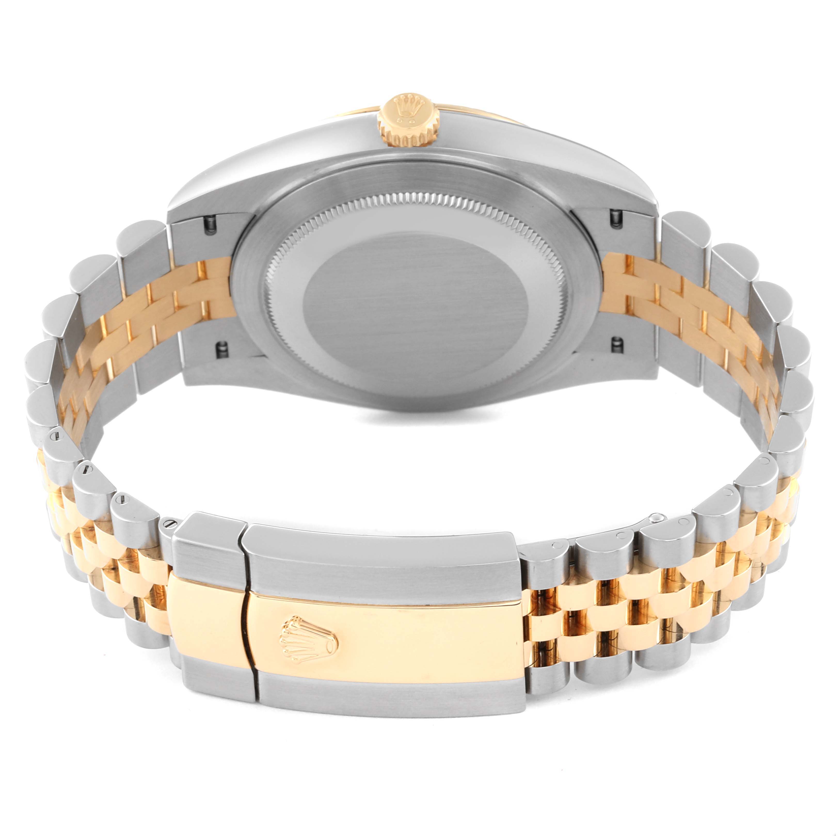 The image shows the back view of a Rolex Datejust 41 126333 Men's Steel and Gold (two tone) Champagne Dial 126333 Men's Steel and Gold (two tone) Champagne Dial watch, highlighting the stainless steel and gold bracelet and clasp.