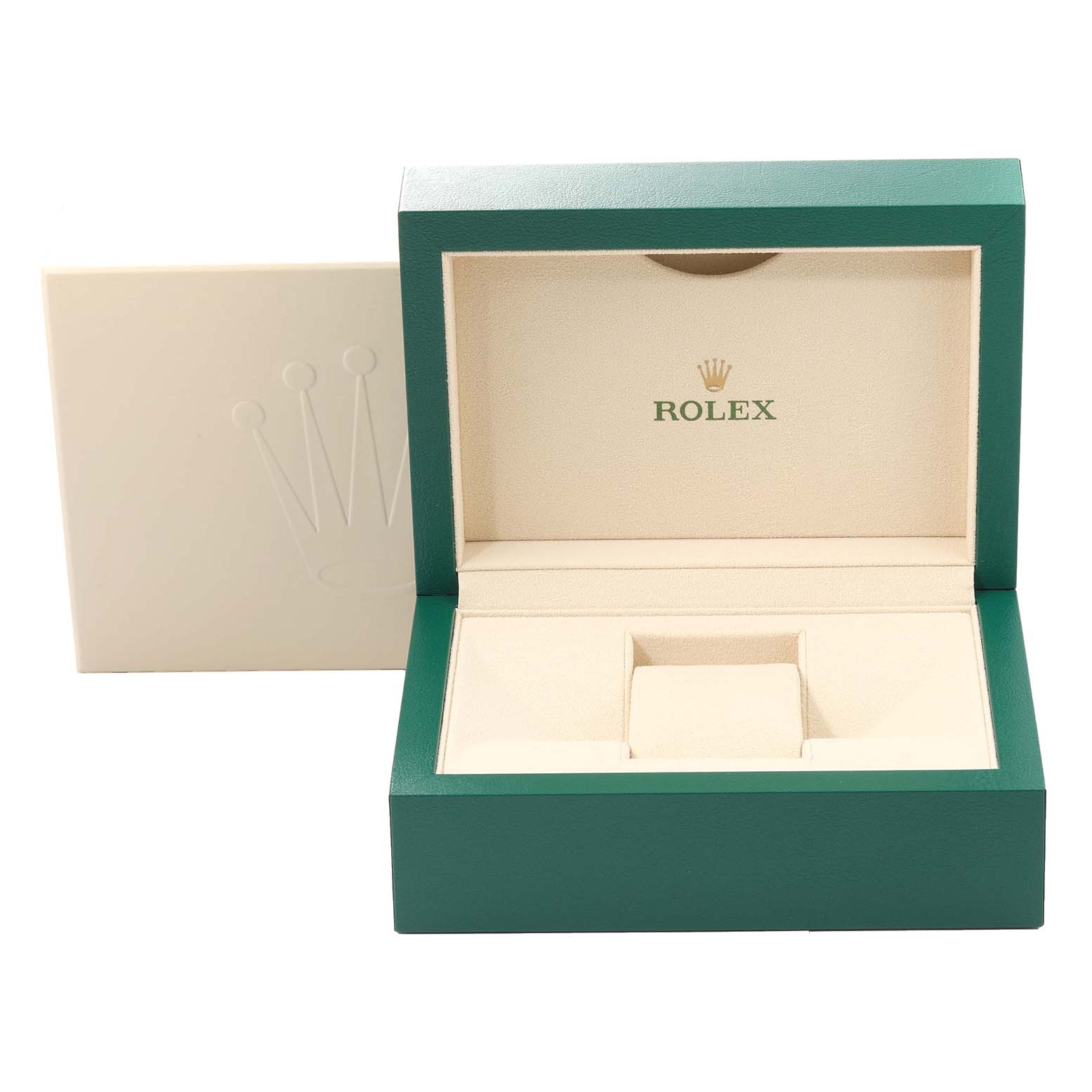 The image shows an open Rolex watch box with "Rolex" branding, designed to hold a Datejust 41 model.