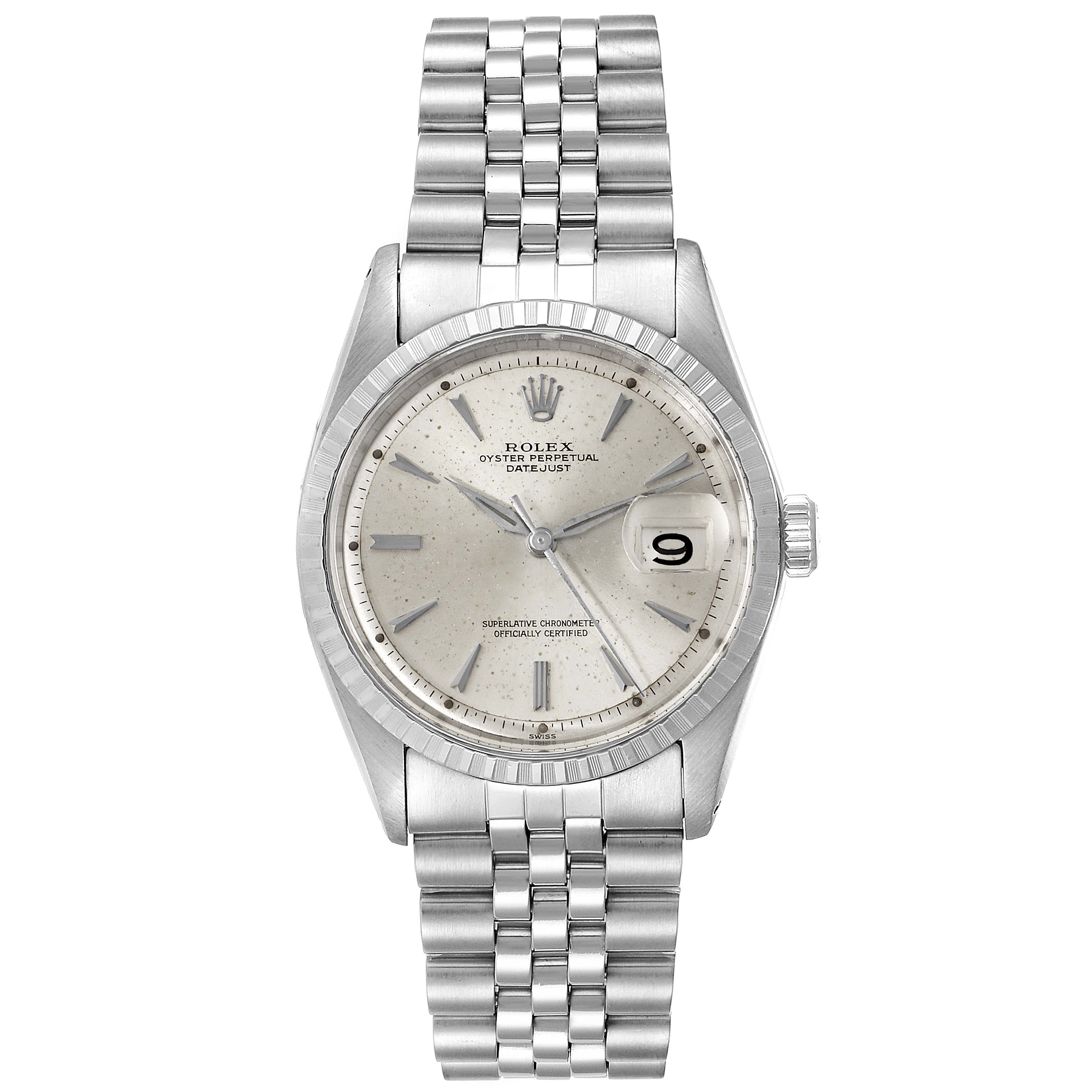 The Rolex Vintage Collection 1603 Men
s Stainless Steel Silver Dial 1603 Men
s Stainless Steel Silver Dial model watch is shown from a front angle, displaying its face, bezel, and bracelet.