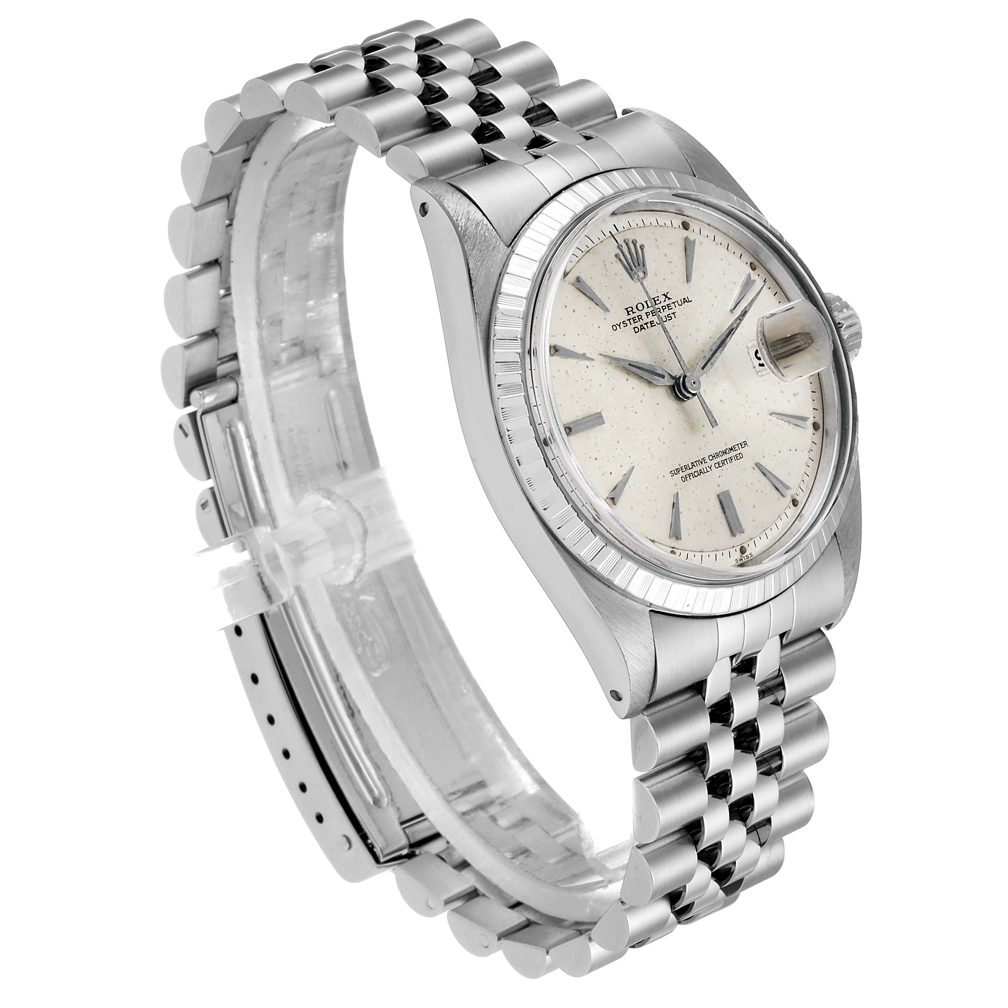 The image shows a side angle of the Rolex Vintage Collection 1603 Men
s Stainless Steel Silver Dial 1603 Men
s Stainless Steel Silver Dial watch, highlighting its bracelet, face, and case.