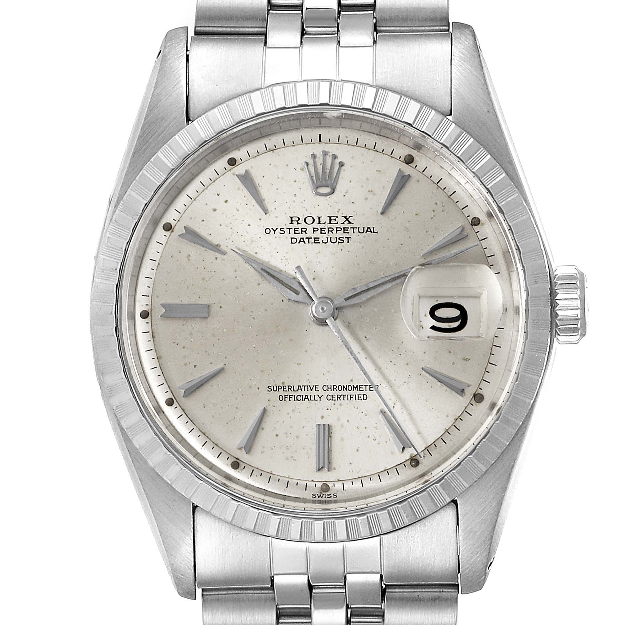 This image shows a front-facing view of the Rolex Vintage Collection 1603 Men
s Stainless Steel Silver Dial 1603 Men
s Stainless Steel Silver Dial Datejust watch, displaying its dial, bezel, and bracelet.