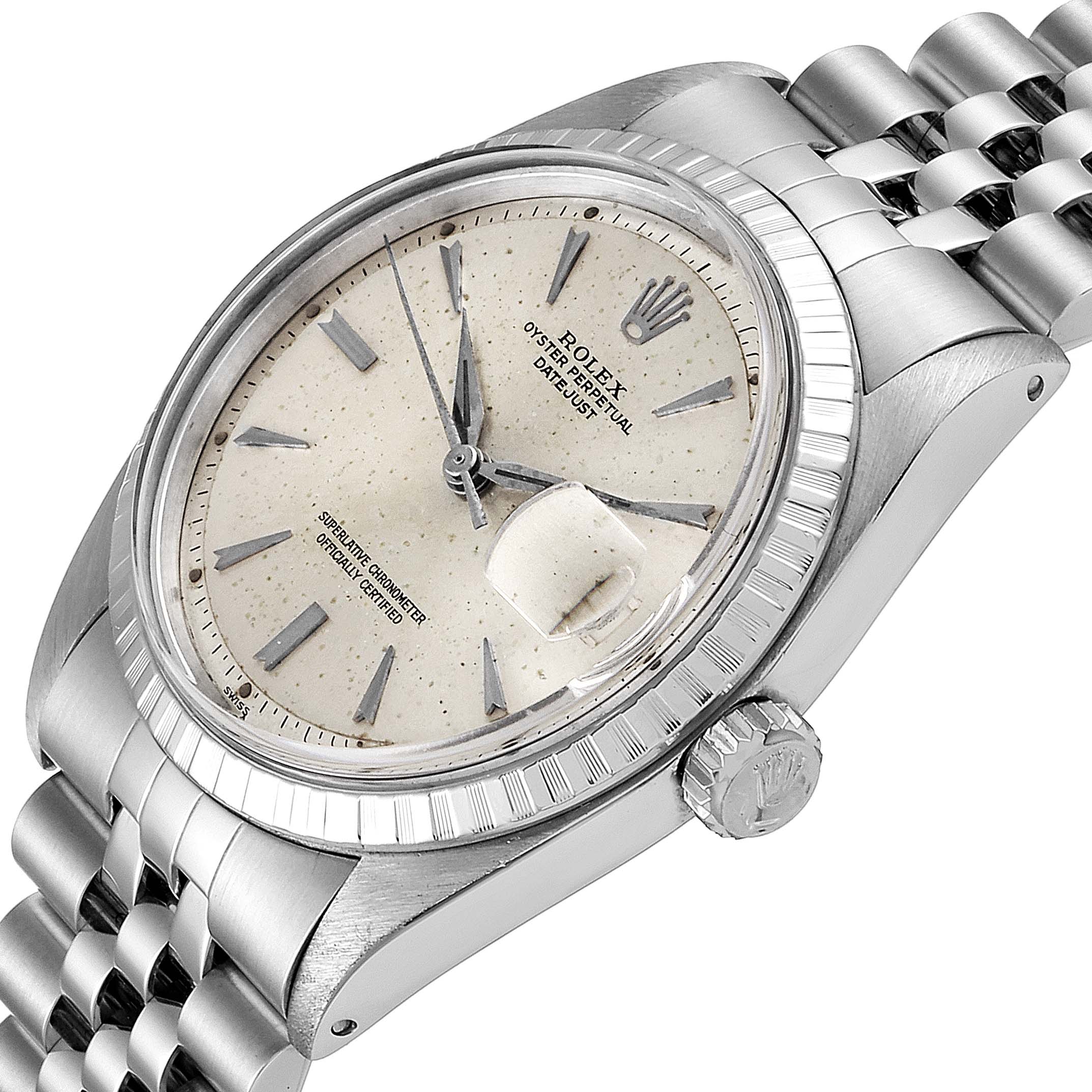 The image shows a close-up angle of the Rolex Vintage Collection 1603 Men
s Stainless Steel Silver Dial 1603 Men
s Stainless Steel Silver Dial watch, featuring its face, bezel, crown, and part of its bracelet.