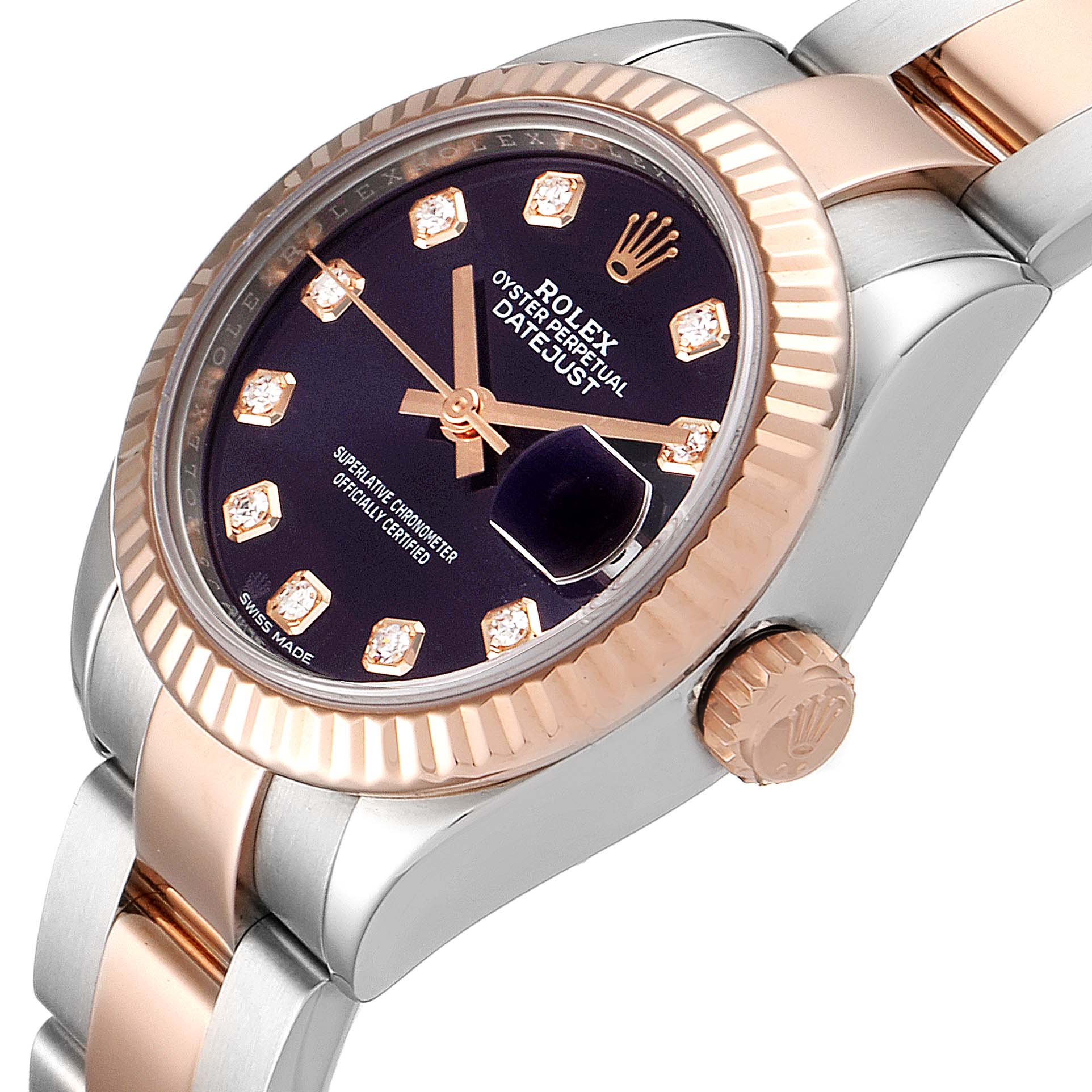 The image shows a close-up angle of a Rolex Datejust 279171 Women's Steel and Gold (two tone) Blue Dial 279171 Women's Steel and Gold (two tone) Blue Dial watch, highlighting its dial, bezel, crown, and part of the bracelet.