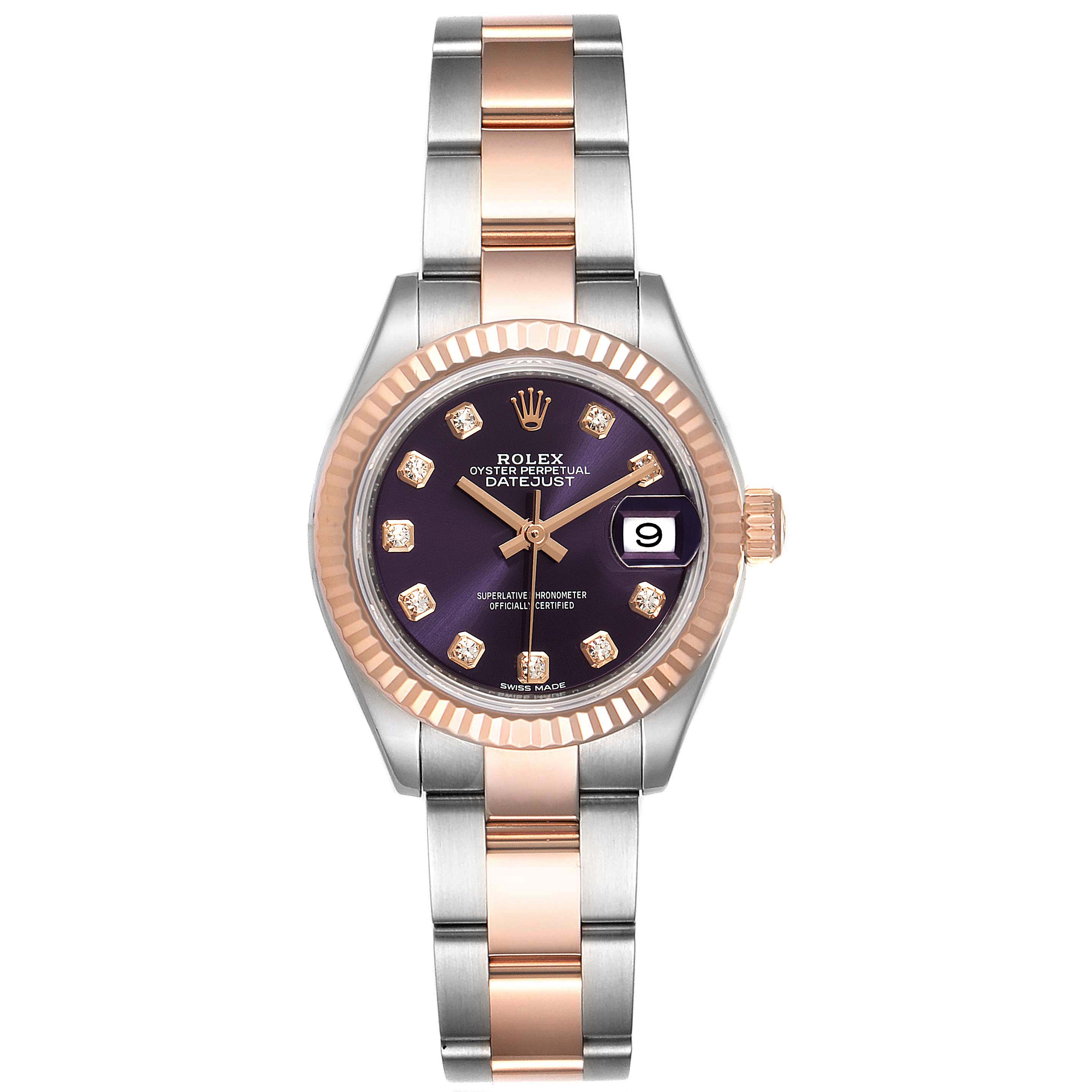 This image shows a frontal view of the Rolex Datejust 279171 Women's Steel and Gold (two tone) Blue Dial 279171 Women's Steel and Gold (two tone) Blue Dial watch, highlighting the dial, bezel, and bracelet.