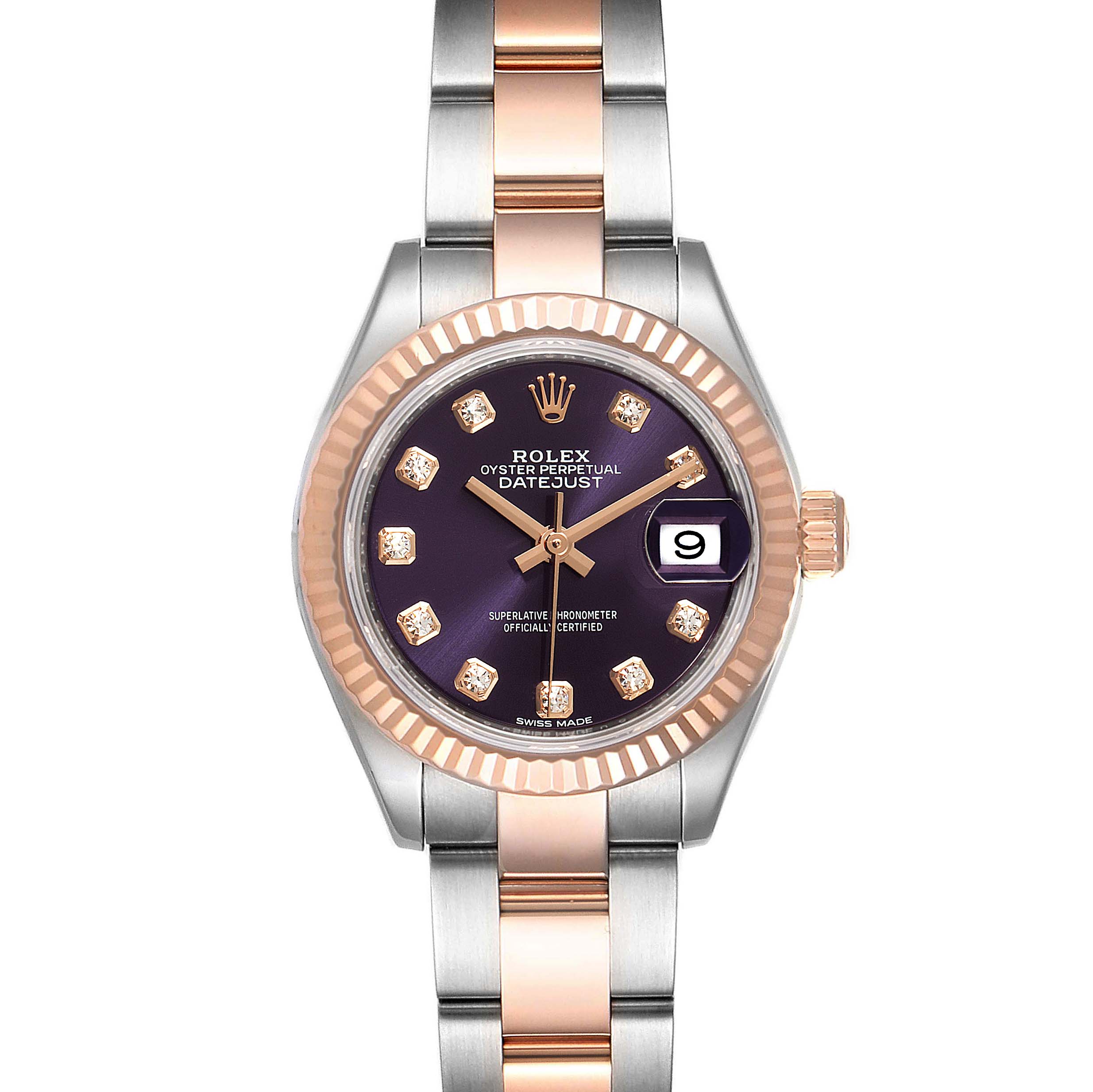 The Rolex Datejust 279171 Women's Steel and Gold (two tone) Blue Dial 279171 Women's Steel and Gold (two tone) Blue Dial model is shown from the front, featuring its dial, hands, date display, bezel, and bracelet.