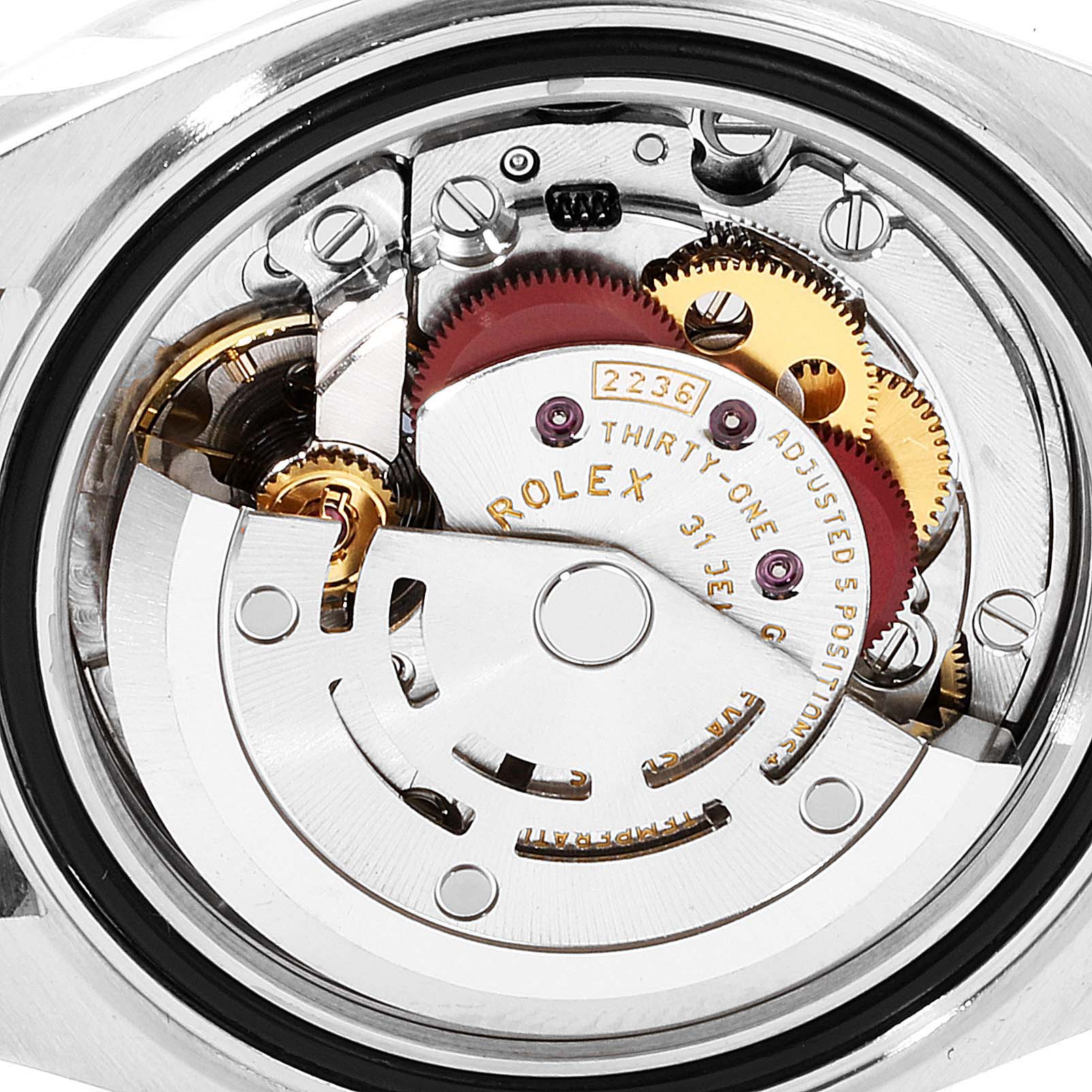 This image shows the internal movement mechanism of the Rolex Datejust 279171 Women's Steel and Gold (two tone) Blue Dial 279171 Women's Steel and Gold (two tone) Blue Dial watch model, viewed from the back.