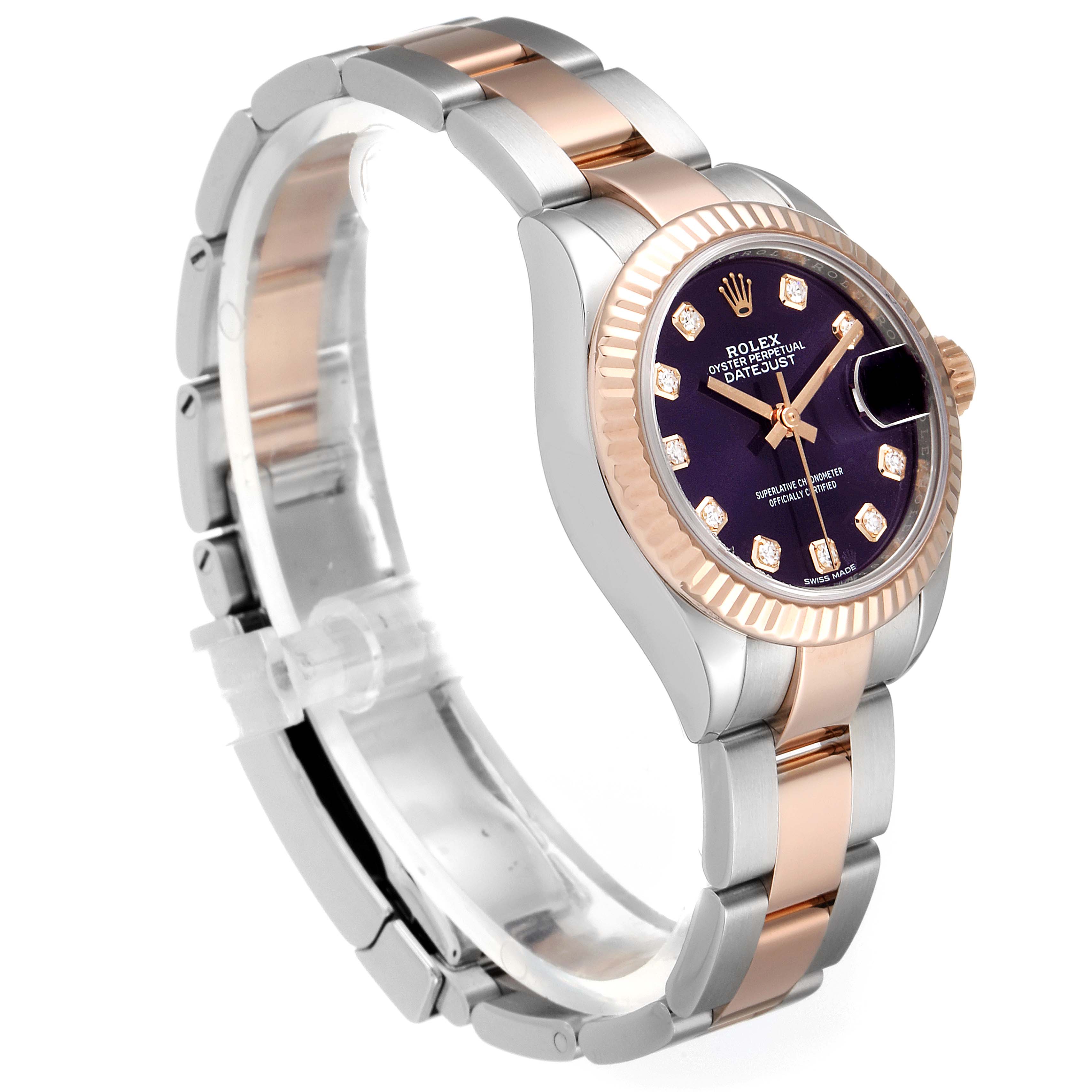 The Rolex Datejust 279171 Women's Steel and Gold (two tone) Blue Dial 279171 Women's Steel and Gold (two tone) Blue Dial watch is shown at a 3/4 angle, featuring the dial, bezel, and part of the bracelet.