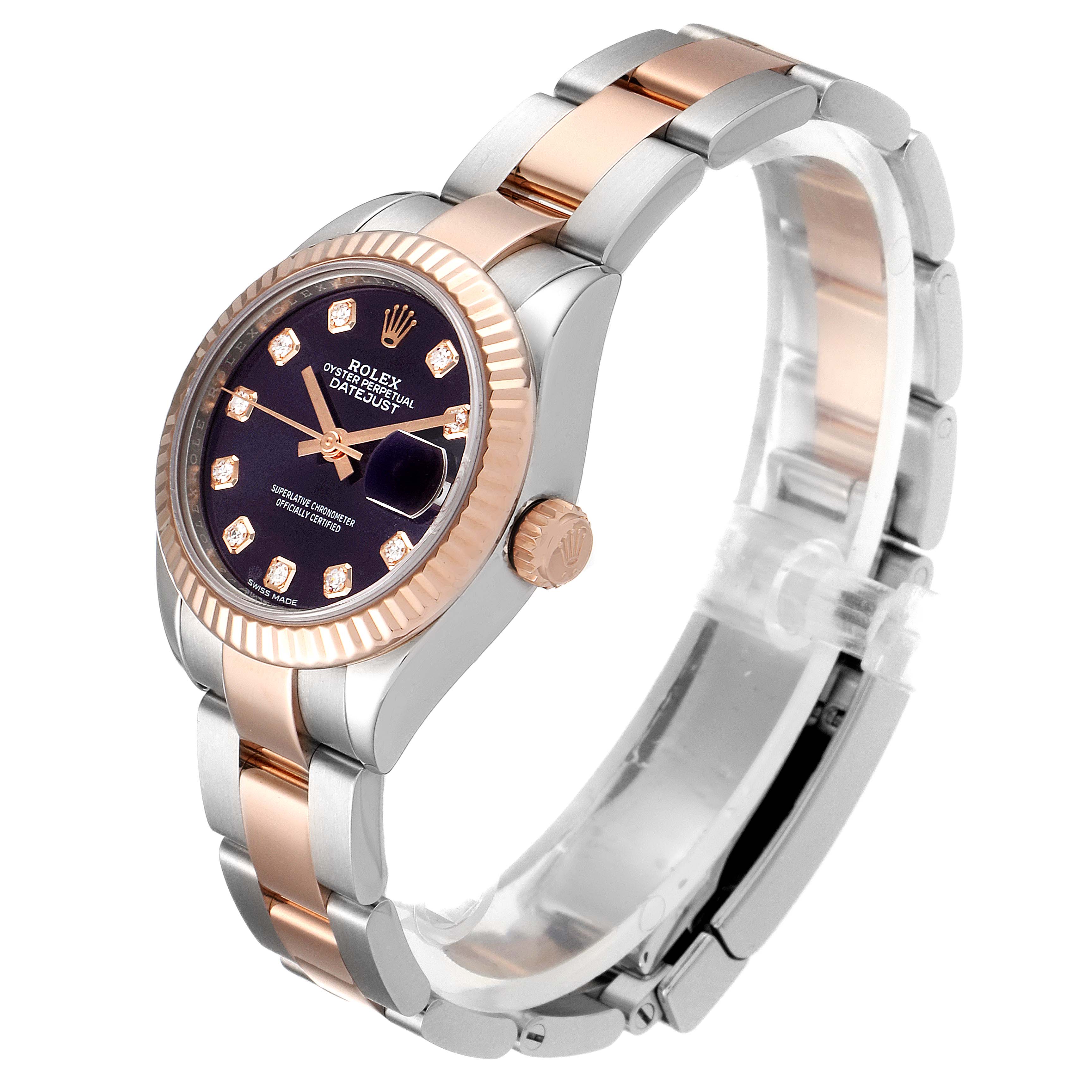 The Rolex Datejust 279171 Women's Steel and Gold (two tone) Blue Dial 279171 Women's Steel and Gold (two tone) Blue Dial watch is shown at a three-quarter angle, highlighting the dial, bezel, crown, and bracelet.