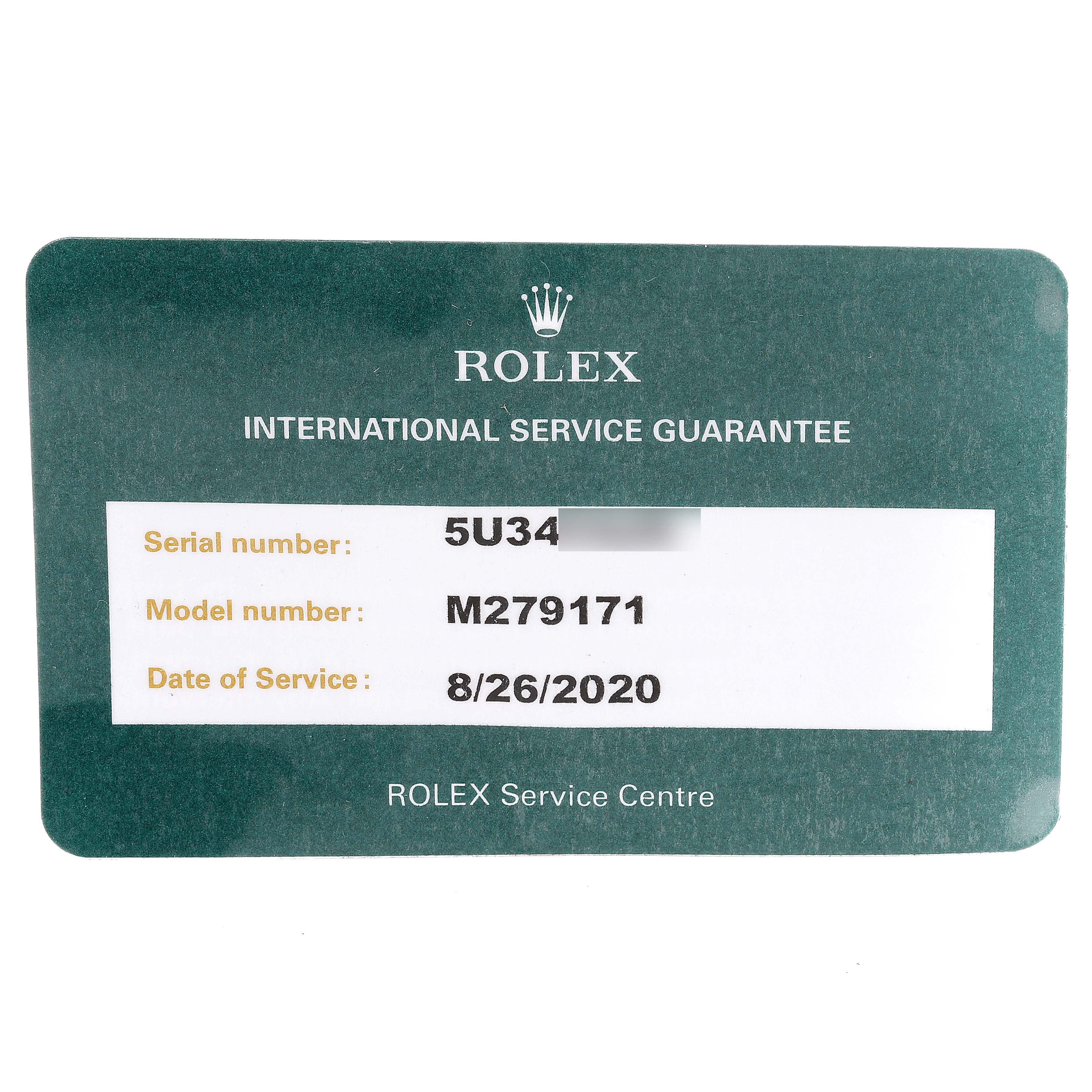 This image shows the Rolex International Service Guarantee card for a Rolex Datejust 279171 Women's Steel and Gold (two tone) Blue Dial 279171 Women's Steel and Gold (two tone) Blue Dial model M279171.