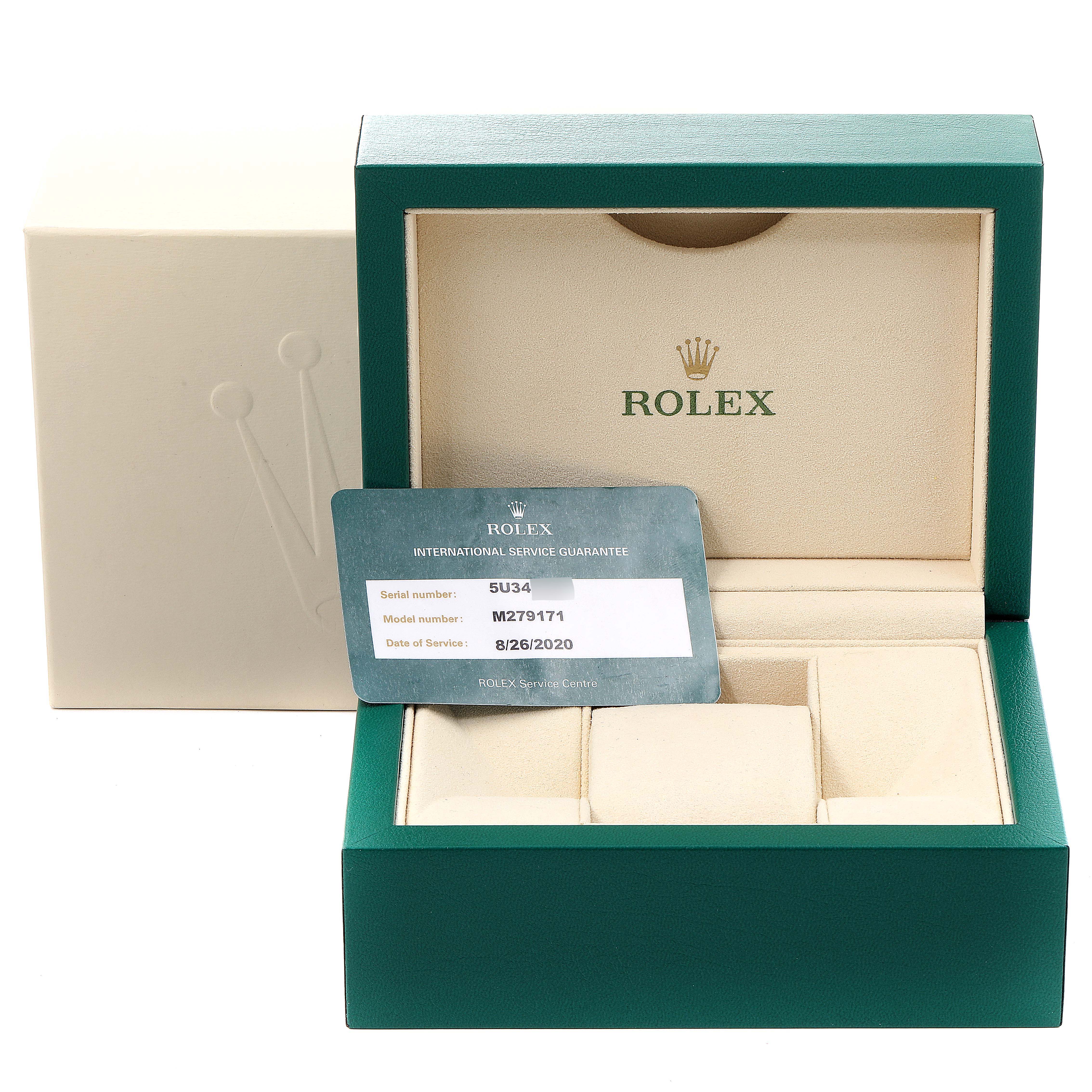 The image shows a Rolex Datejust 279171 Women's Steel and Gold (two tone) Blue Dial 279171 Women's Steel and Gold (two tone) Blue Dial watch box and guarantee card at an open angle.