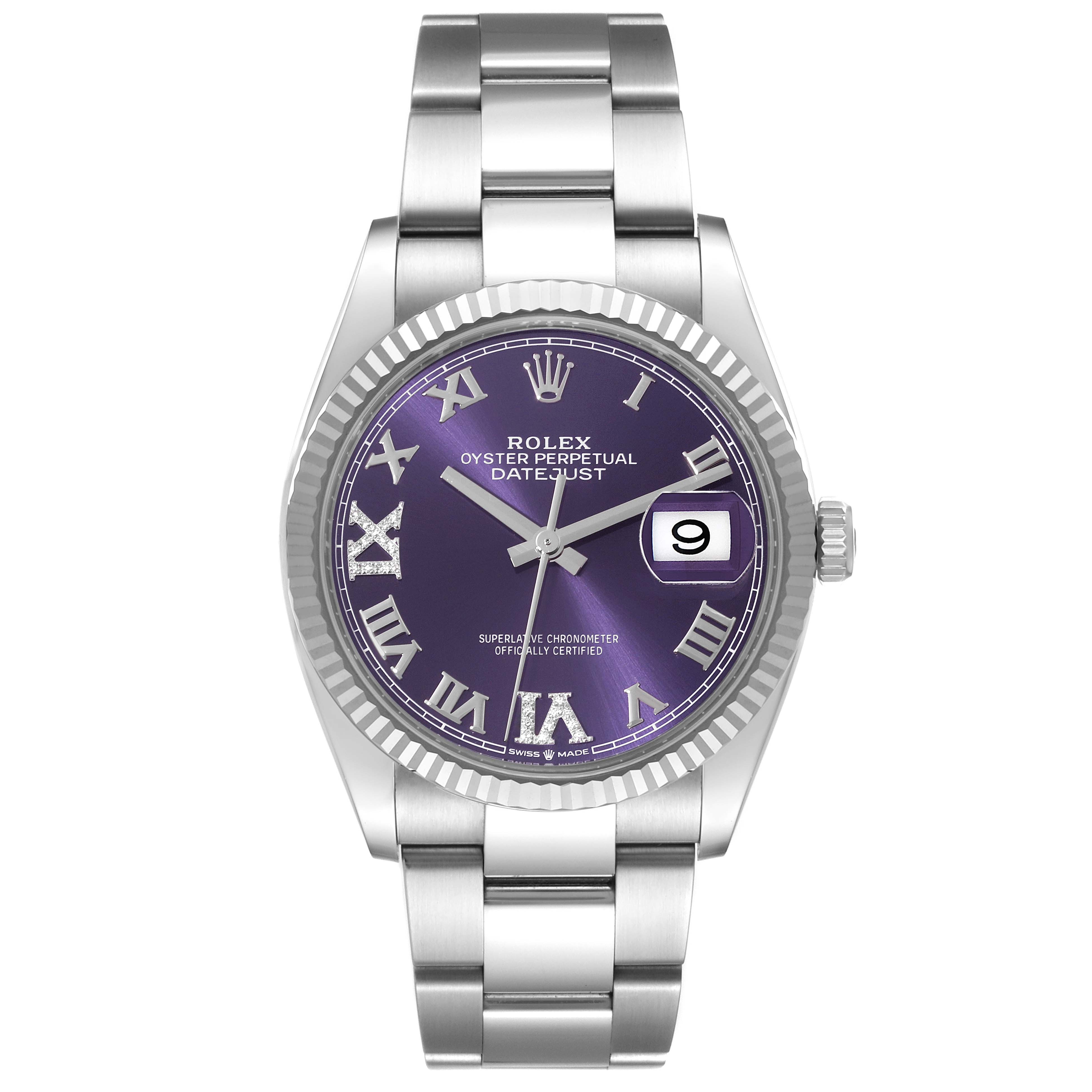 The image shows a front view of a Rolex Datejust 126234 Men's Stainless Steel Purple Dial 126234 Men's Stainless Steel Purple Dial watch featuring a purple dial, Roman numerals, and a date window.