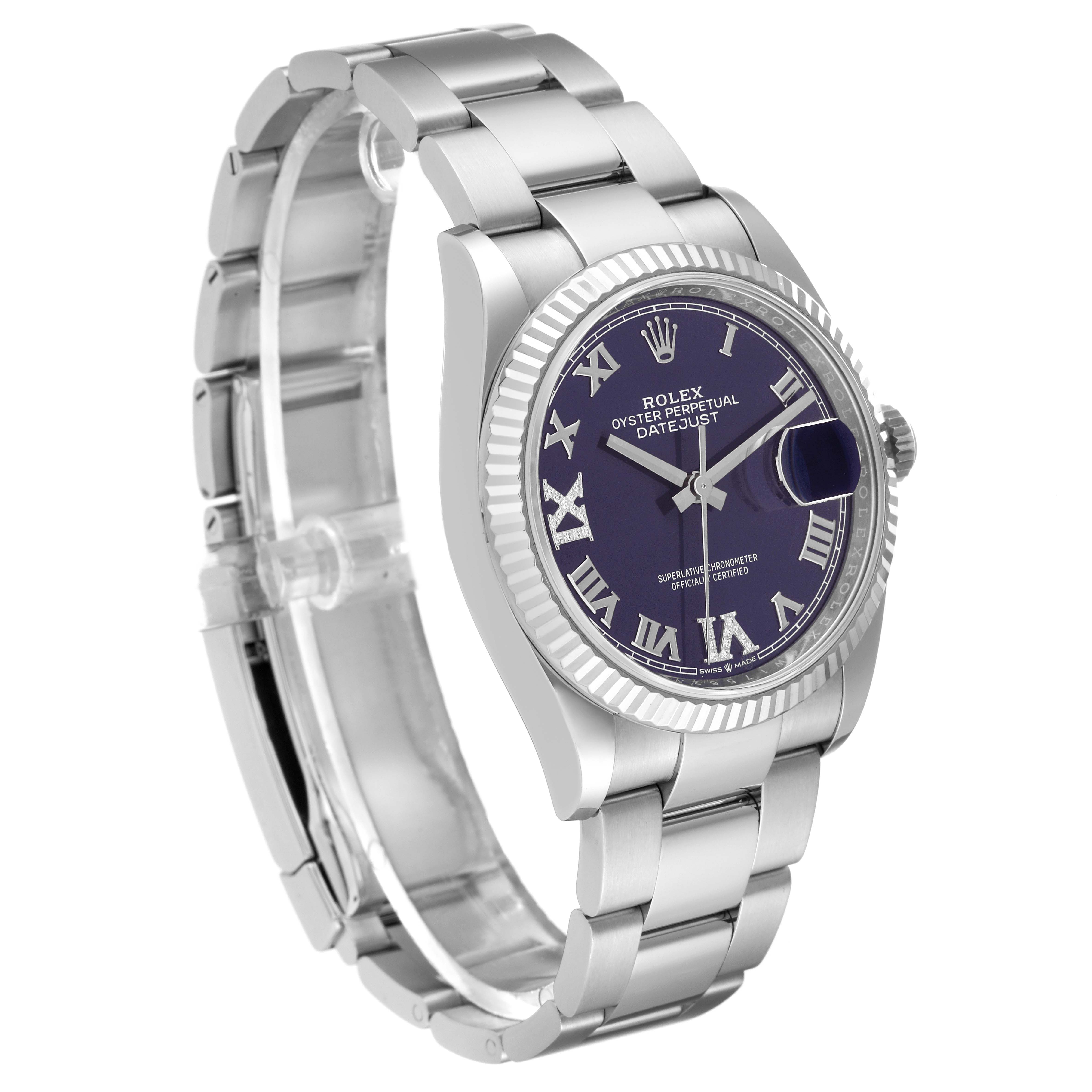 This Rolex Datejust 126234 Men's Stainless Steel Purple Dial 126234 Men's Stainless Steel Purple Dial watch is shown at a three-quarter angle, displaying its face, bezel, and bracelet.