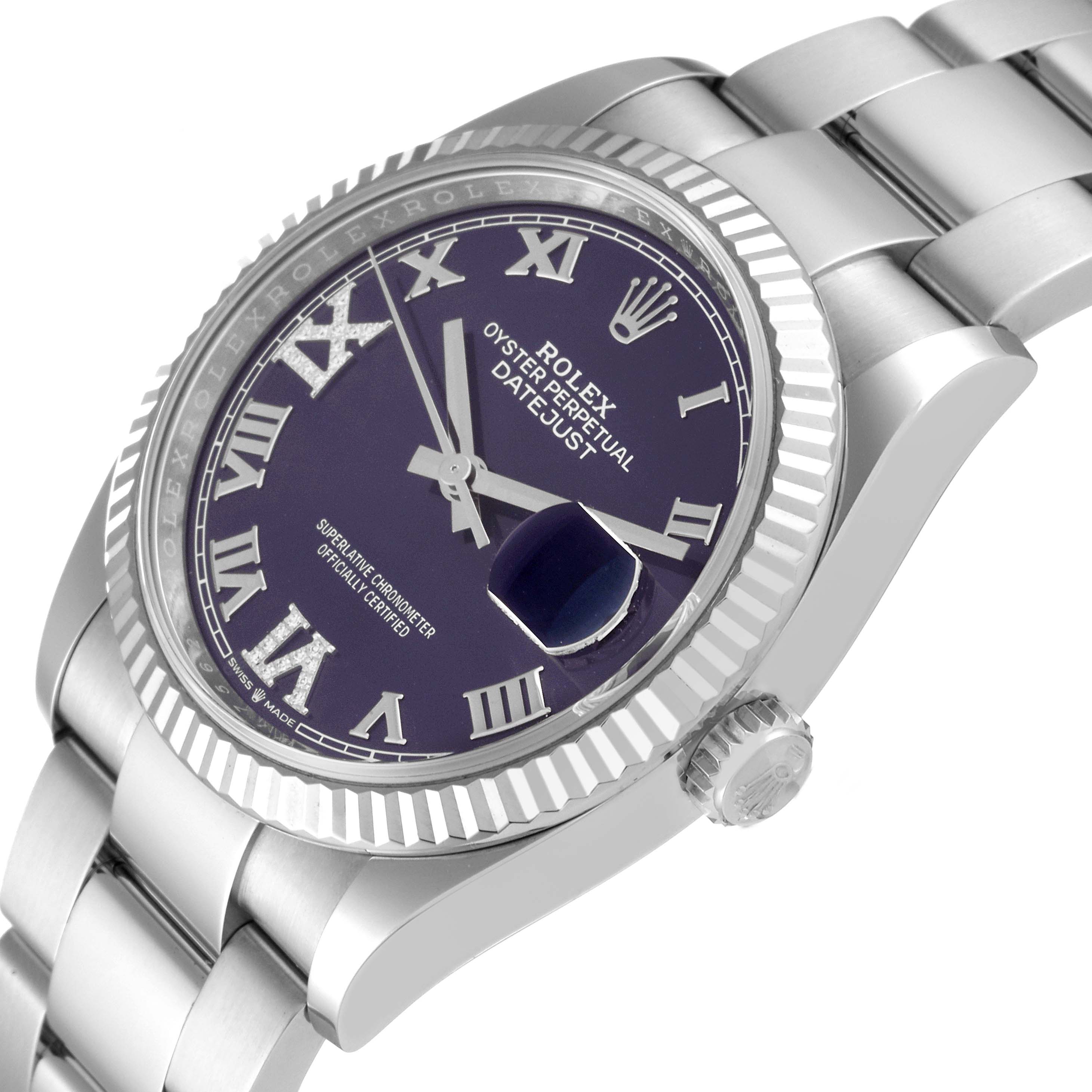 This image shows a close-up, angled view of a Rolex Datejust 126234 Men's Stainless Steel Purple Dial 126234 Men's Stainless Steel Purple Dial watch, highlighting the dial, bezel, crown, and bracelet.