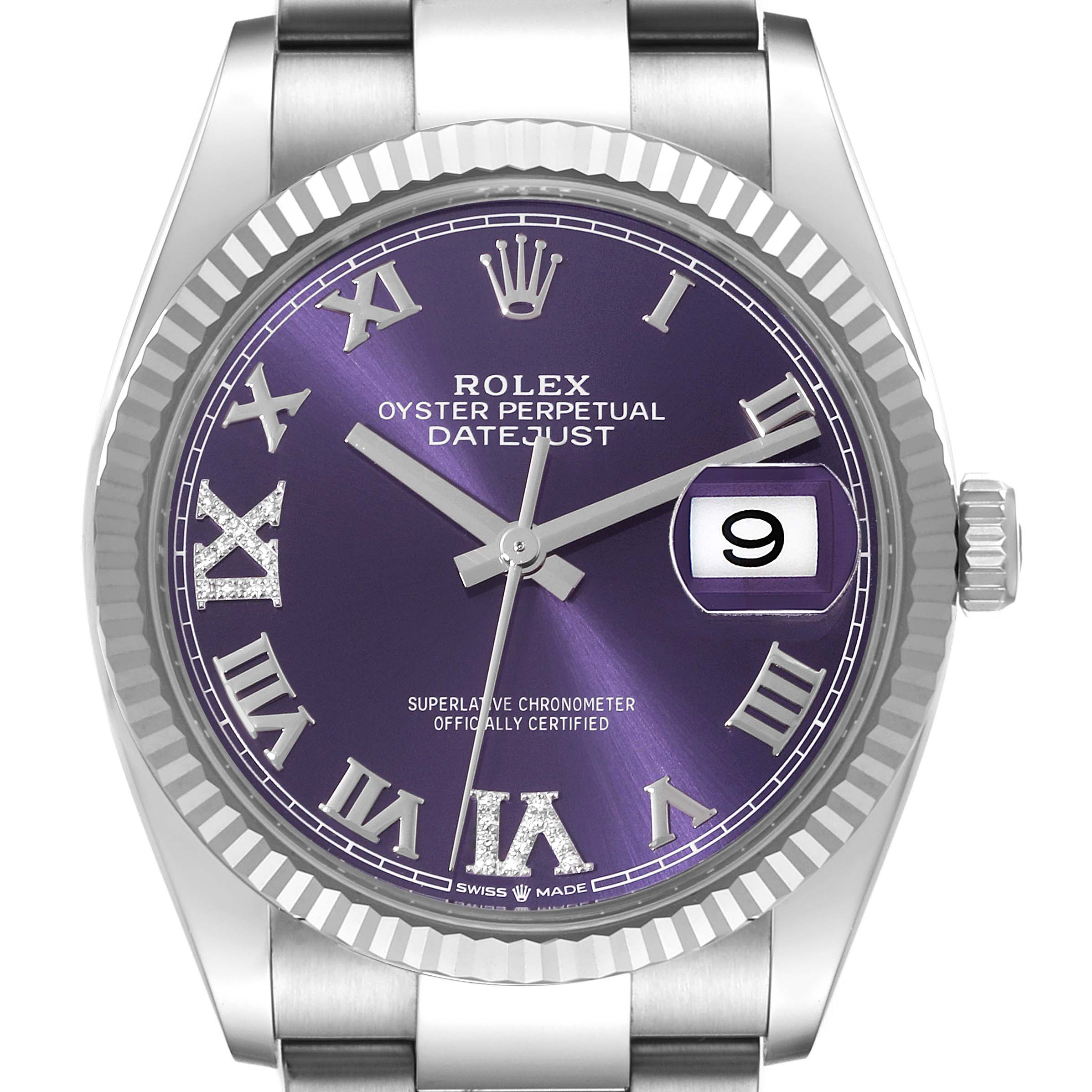 The image shows a front view of a Rolex Datejust 126234 Men's Stainless Steel Purple Dial 126234 Men's Stainless Steel Purple Dial watch with a purple dial and Roman numeral hour markers.
