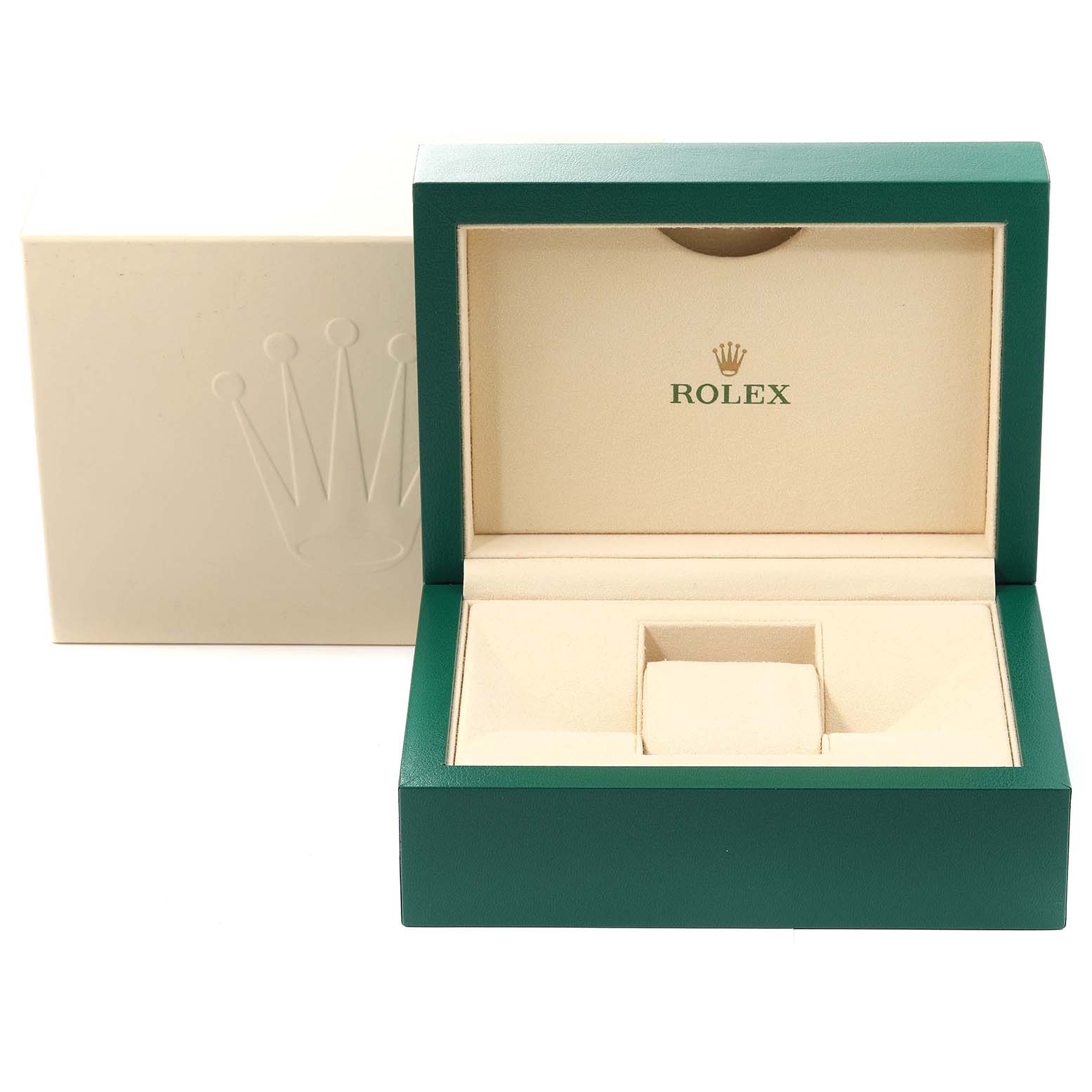 The image shows an open green and beige Rolex Datejust 126234 Men's Stainless Steel Purple Dial 126234 Men's Stainless Steel Purple Dial watch box with the Rolex logo inside, photographed from the front.