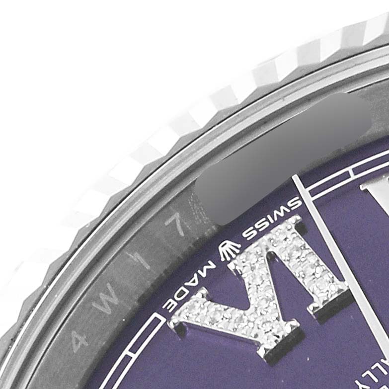 The image shows a close-up of the dial, bezel, and "Swiss Made" marking on a Rolex Datejust 126234 Men's Stainless Steel Purple Dial 126234 Men's Stainless Steel Purple Dial watch.