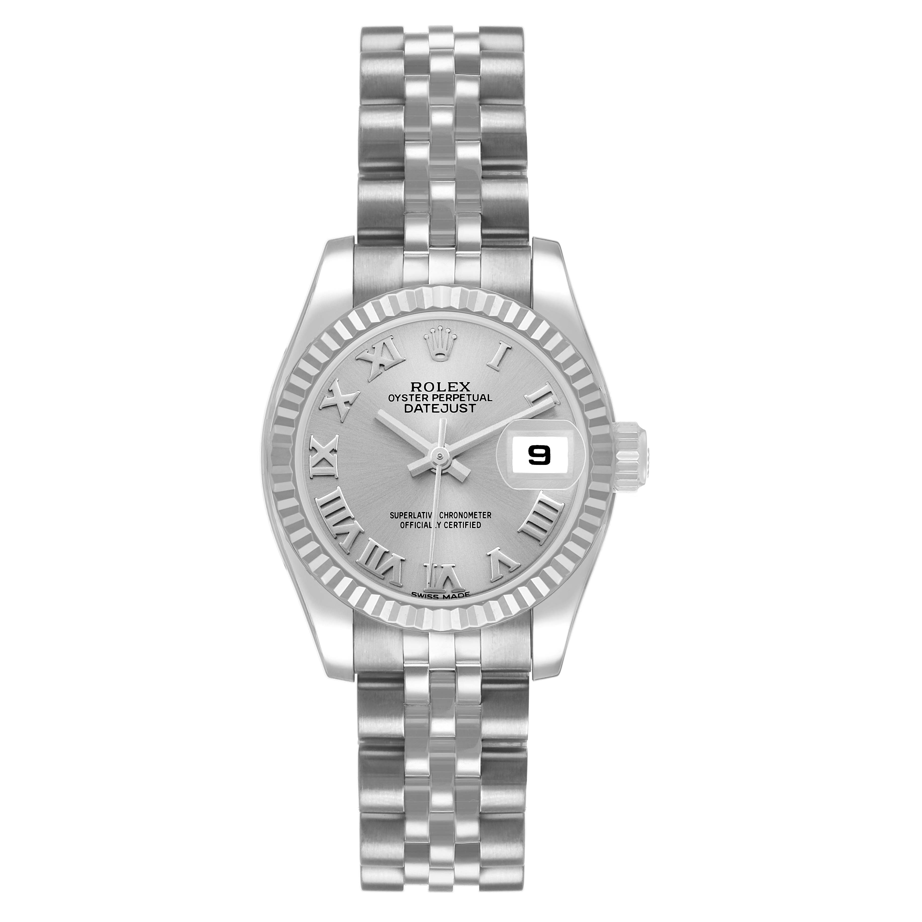 The Rolex Datejust 179174 Women's Stainless Steel Silver Dial watch is shown from the front, displaying the dial, bezel, bracelet, and date window.