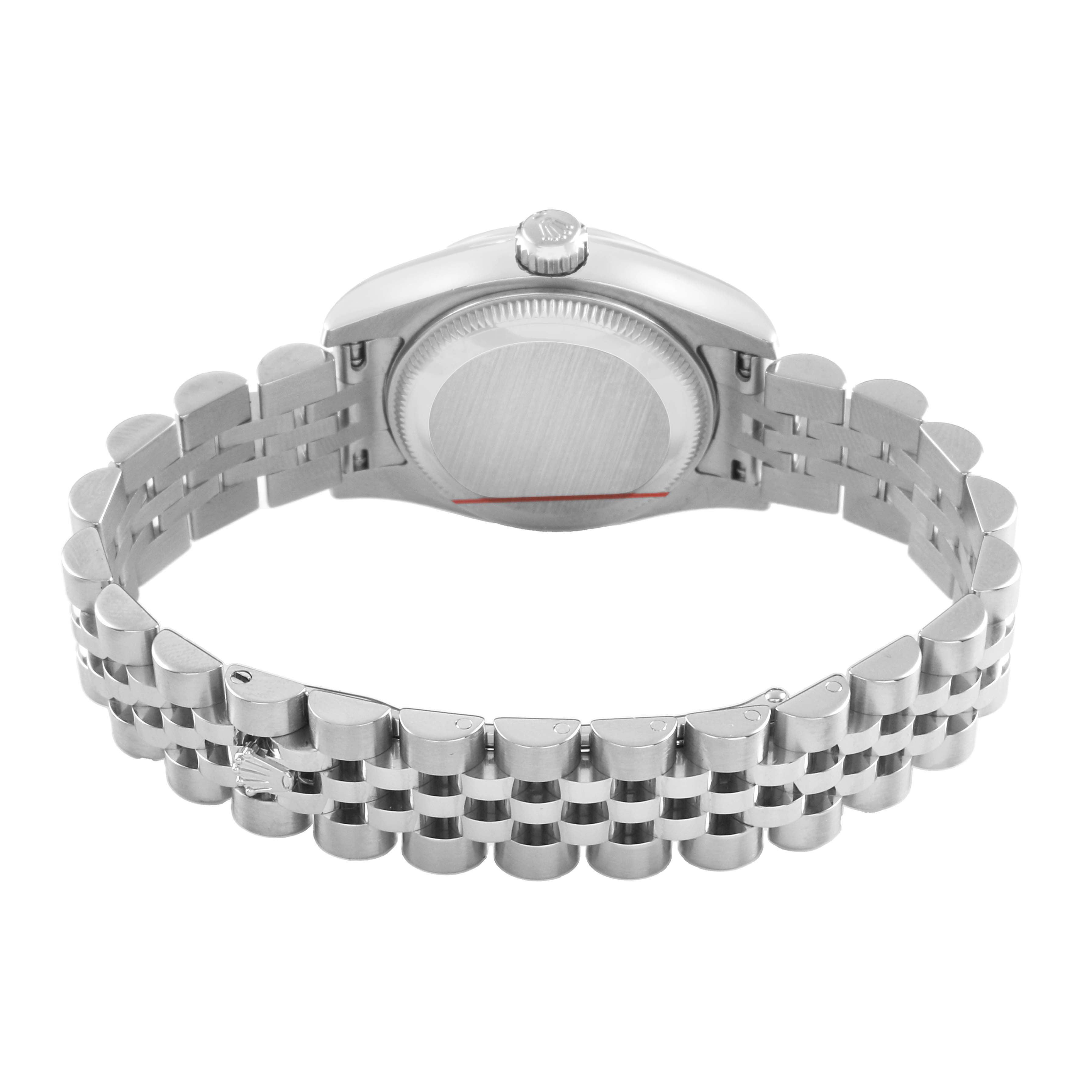 The image shows the back view of a Rolex Datejust 179174 Women's Stainless Steel Silver Dial watch, focusing on the case back and Jubilee bracelet.