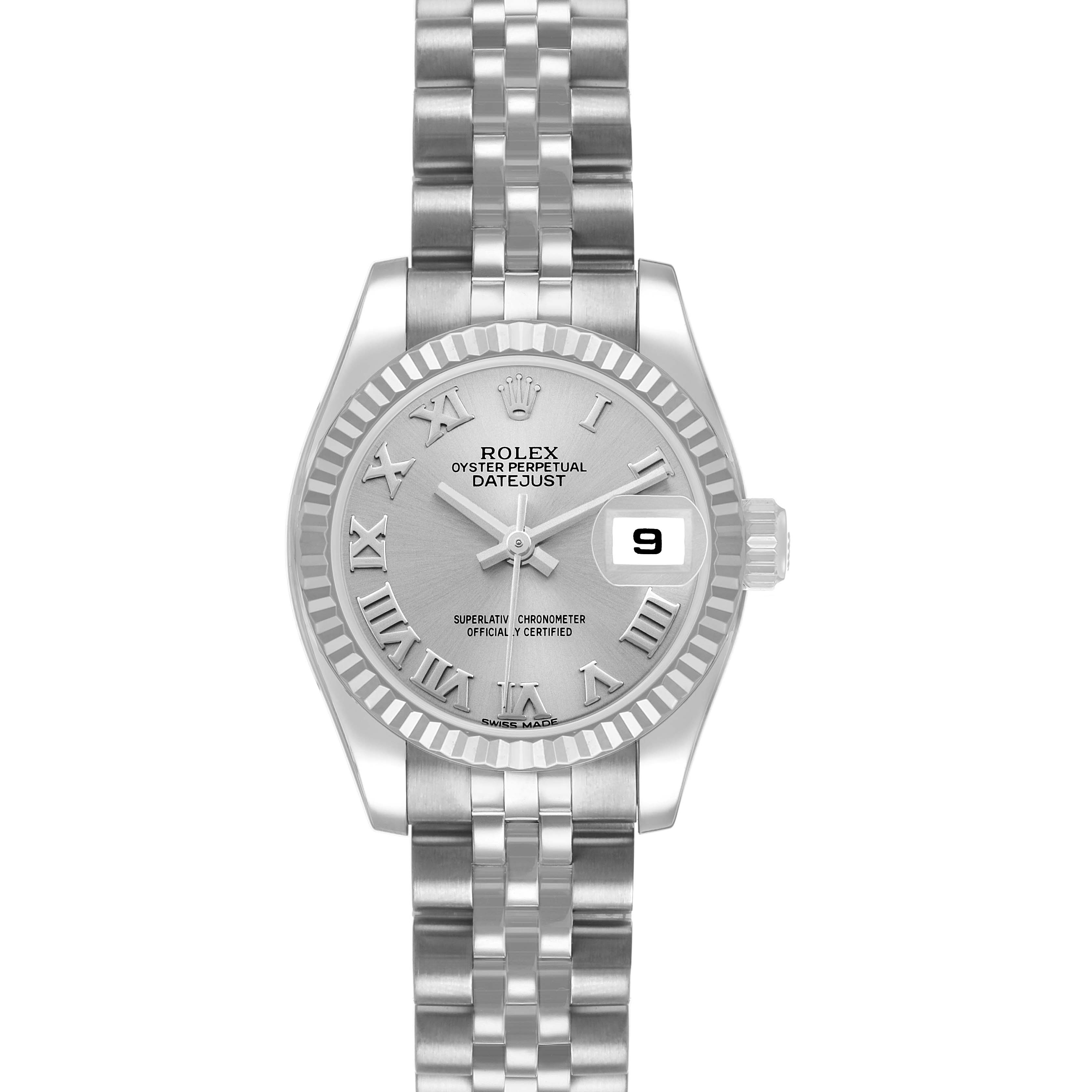 The Rolex Datejust 179174 Women's Stainless Steel Silver Dial is shown from a top-down angle, highlighting the dial, bezel, and Jubilee bracelet.