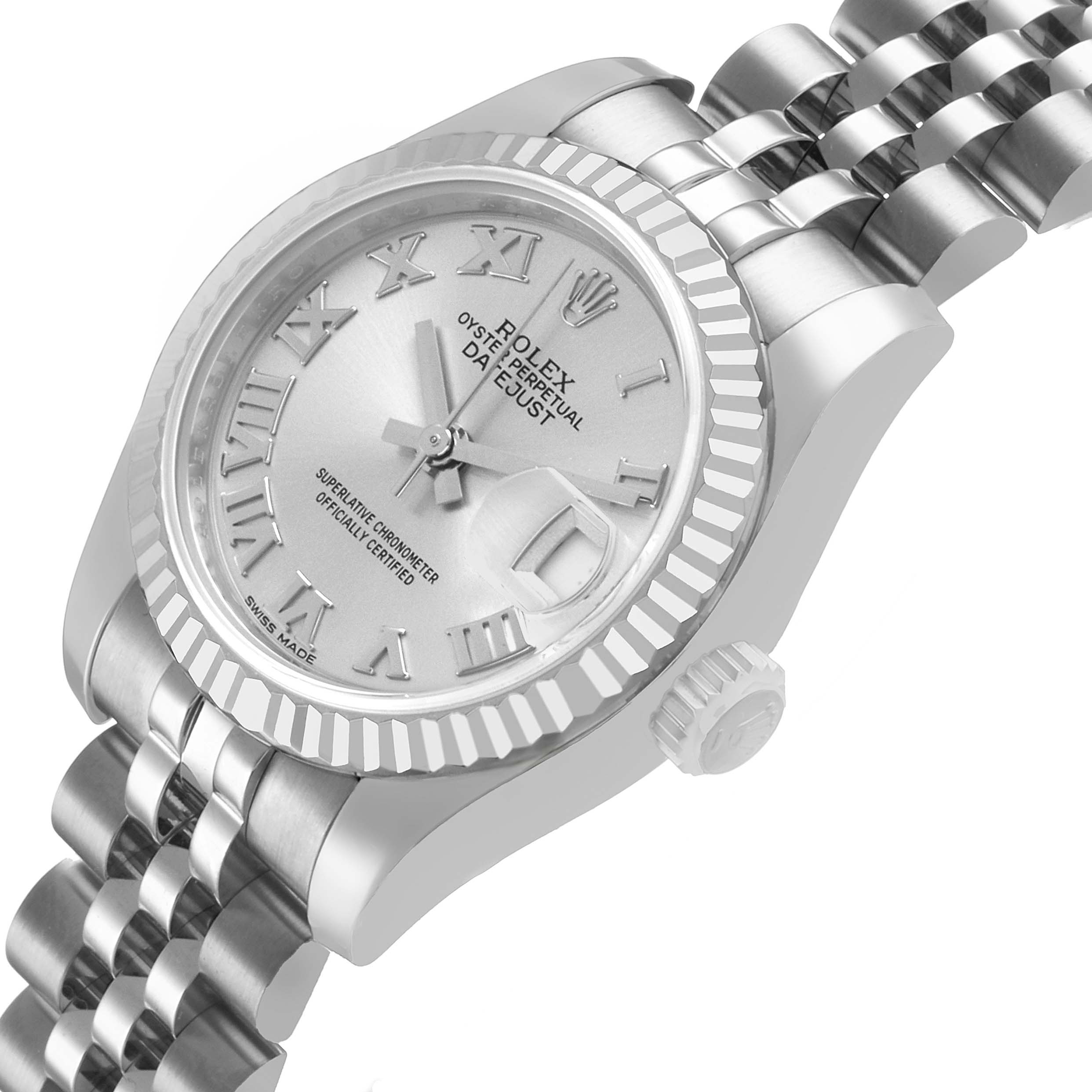 The Rolex Datejust 179174 Women's Stainless Steel Silver Dial watch is shown at a slight angle, displaying the face, bezel, crown, and part of the bracelet.
