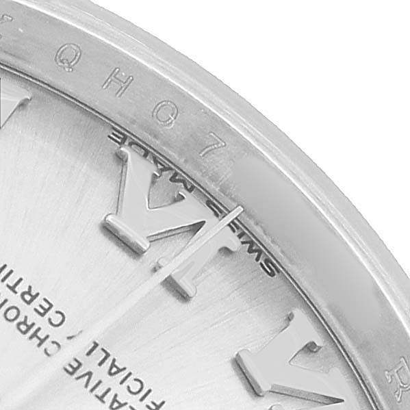The image shows a close-up of the Rolex Datejust 179174 Women's Stainless Steel Silver Dial dial with Roman numerals and hands visible.