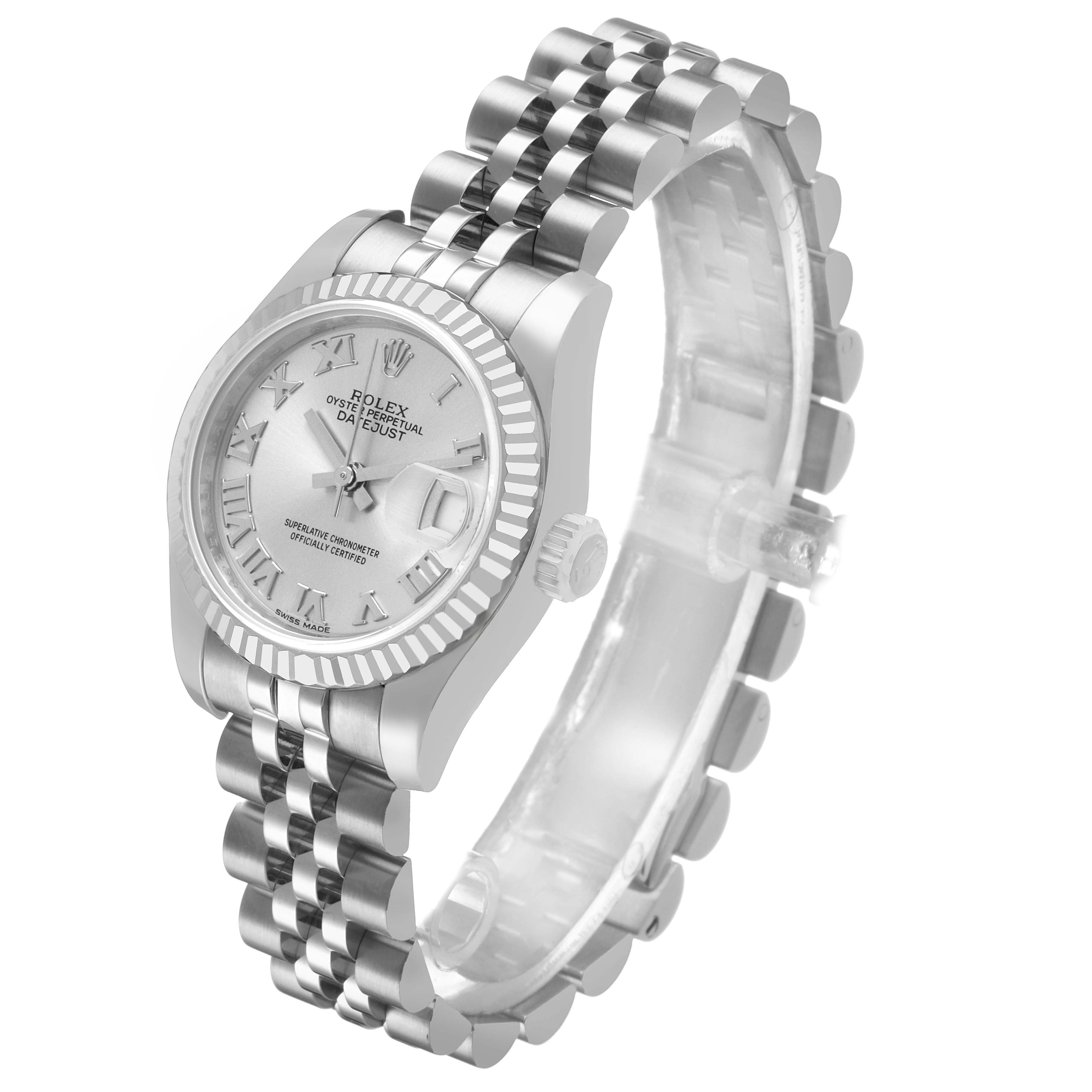The Rolex Datejust 179174 Women's Stainless Steel Silver Dial watch is shown from a top-side angle, highlighting the dial, bezel, and jubilee bracelet.