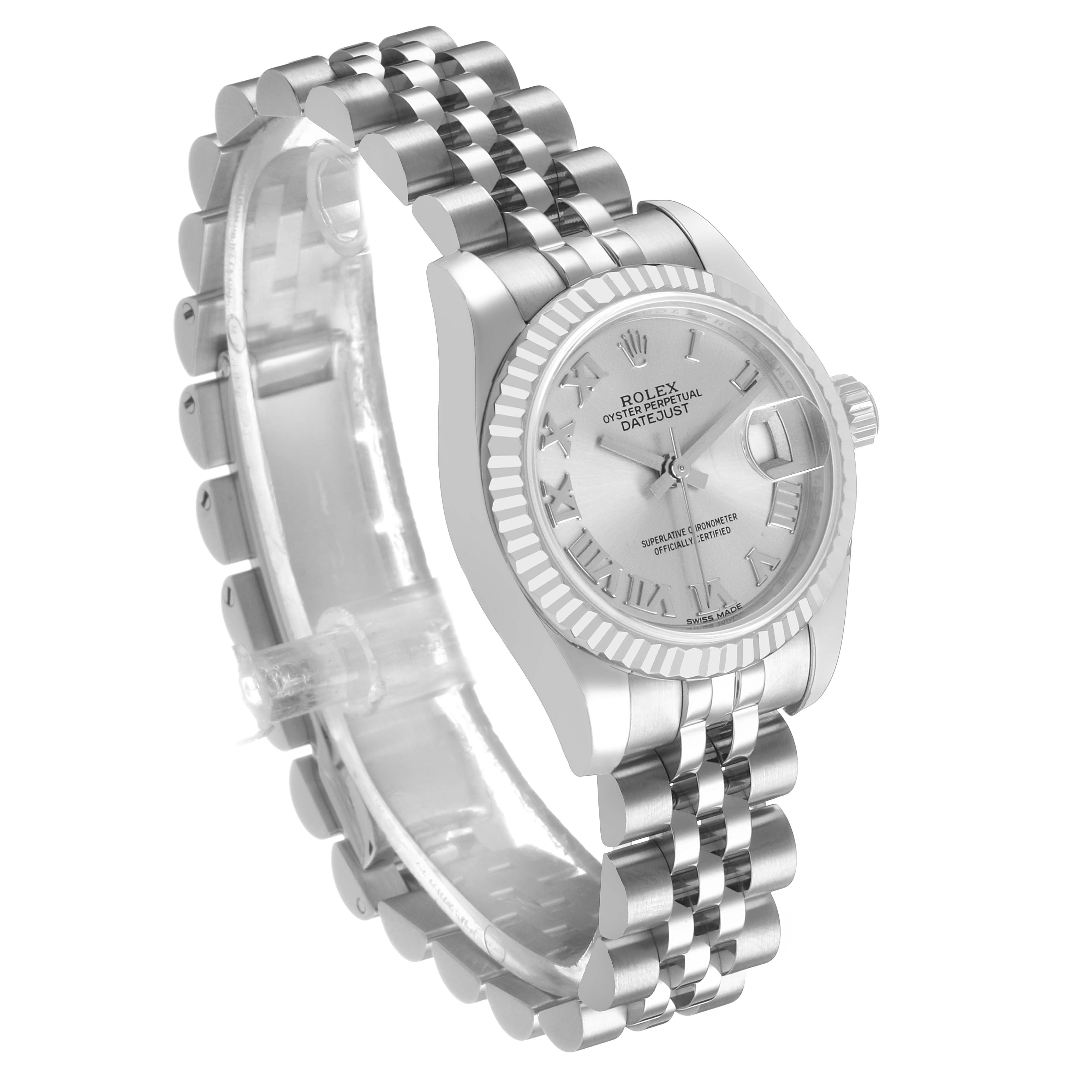 The Rolex Datejust 179174 Women's Stainless Steel Silver Dial watch is shown at an angled side view displaying the face, case, bezel, crown, and part of the bracelet.