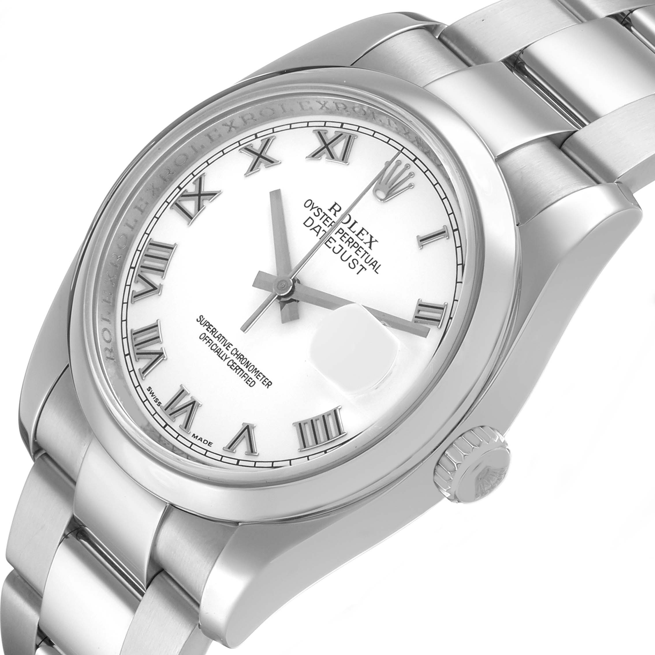 The Rolex Datejust 116200 Men's Stainless Steel White Dial watch is shown at an angled view, highlighting its dial, bezel, bracelet, and crown.