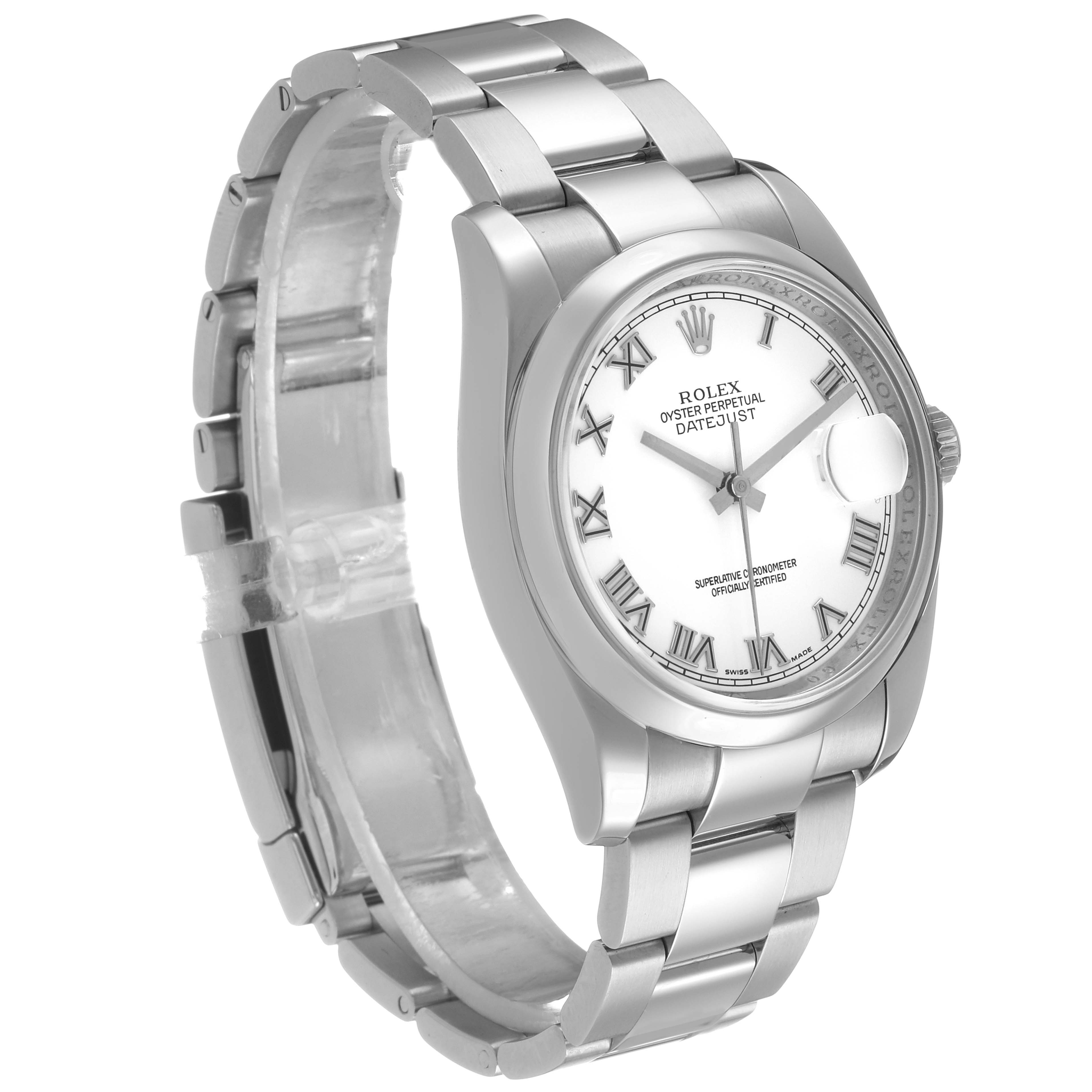 The Rolex Datejust 116200 Men's Stainless Steel White Dial watch is shown from a three-quarter angle, displaying its face, bezel, bracelet, and clasp.