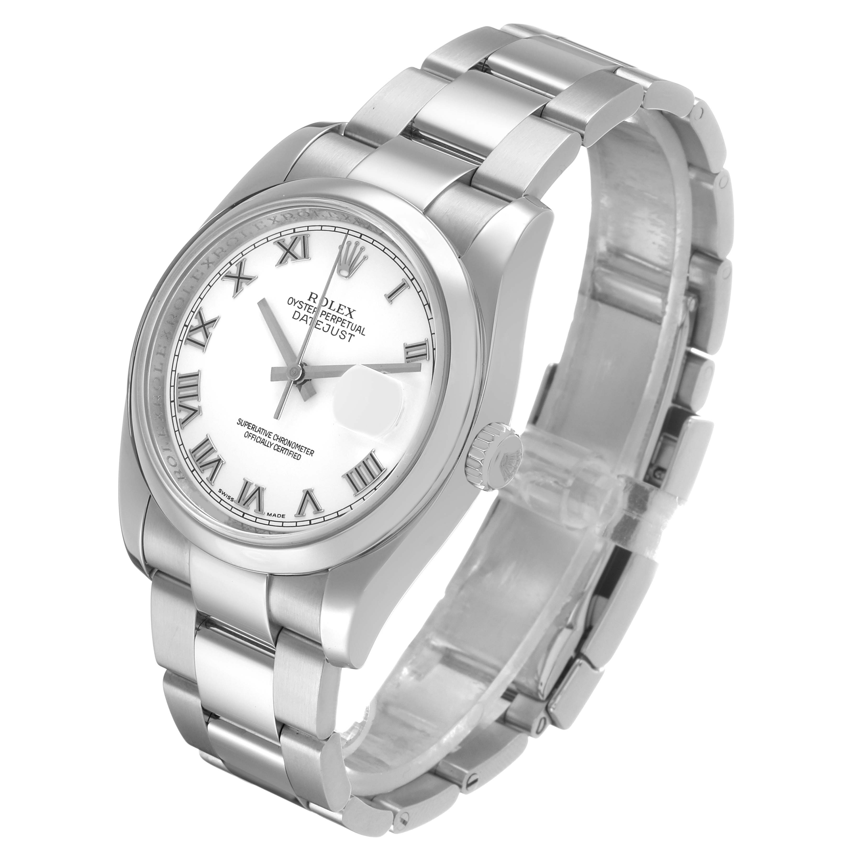The Rolex Datejust 116200 Men's Stainless Steel White Dial is shown at a three-quarter angle, displaying the dial, bezel, crown, and bracelet.