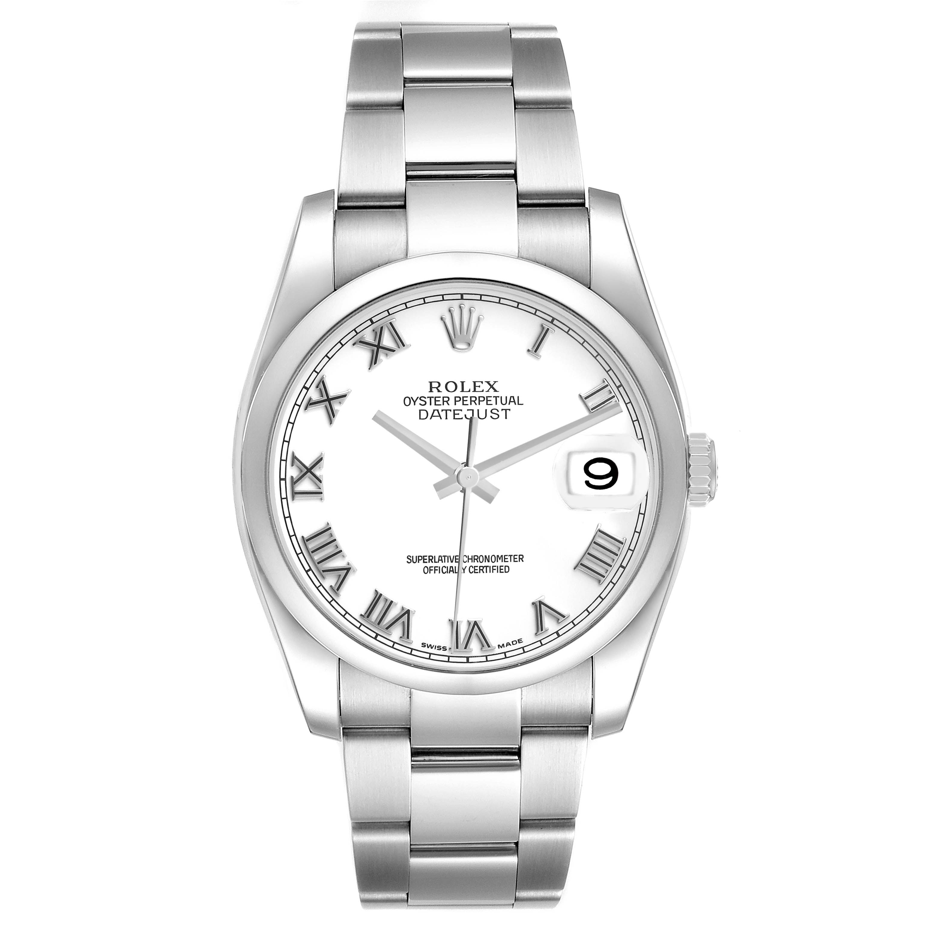 The Rolex Datejust 116200 Men's Stainless Steel White Dial watch is shown from a direct front angle, featuring its face, bezel, bracelet, and crown.