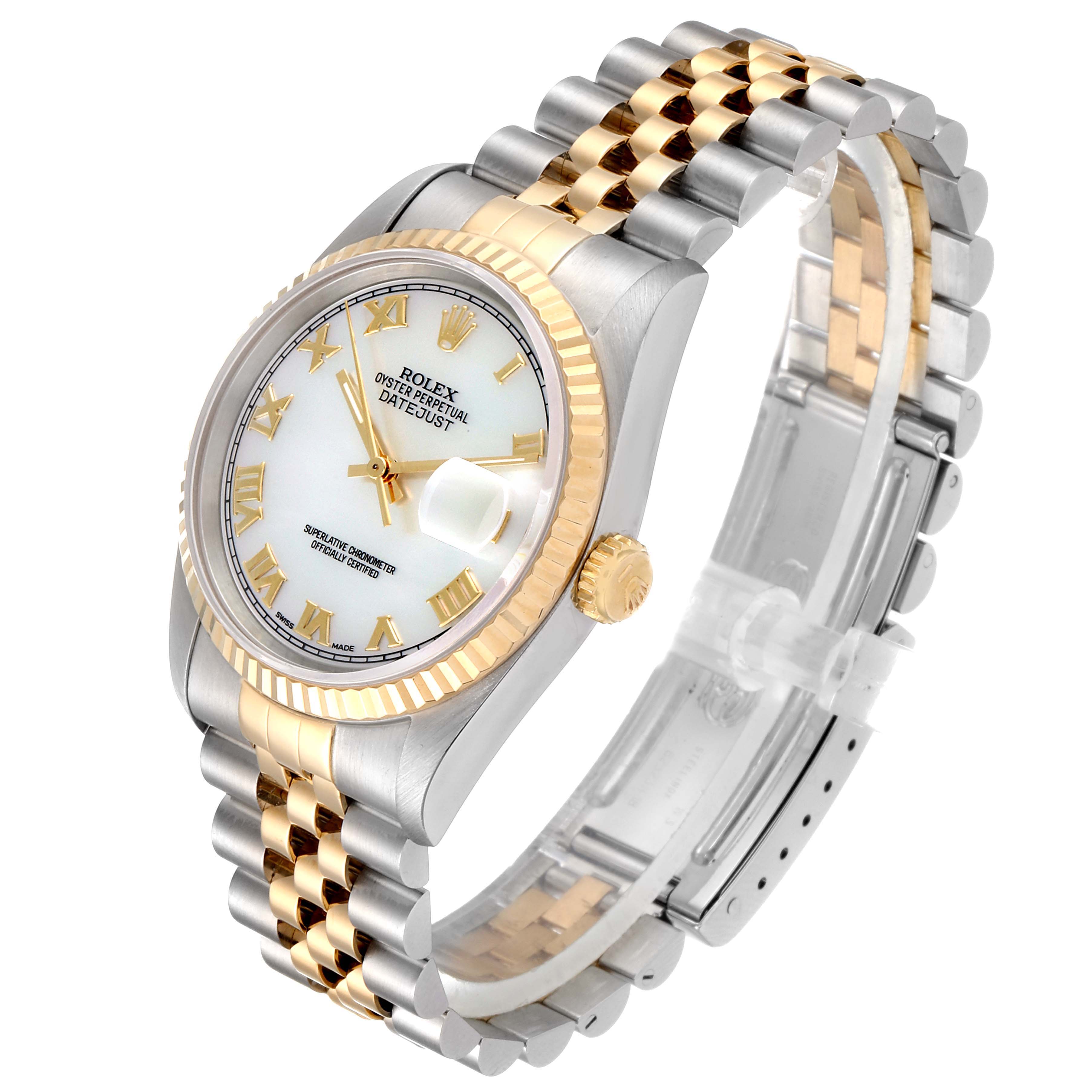 The image shows a Rolex Datejust 16233 Men
s Steel and Gold (two tone) Mother of Pearl Dial 16233 Men
s Steel and Gold (two tone) Mother of Pearl Dial watch at an angled side view, highlighting the dial, bezel, crown, and jubilee bracelet.