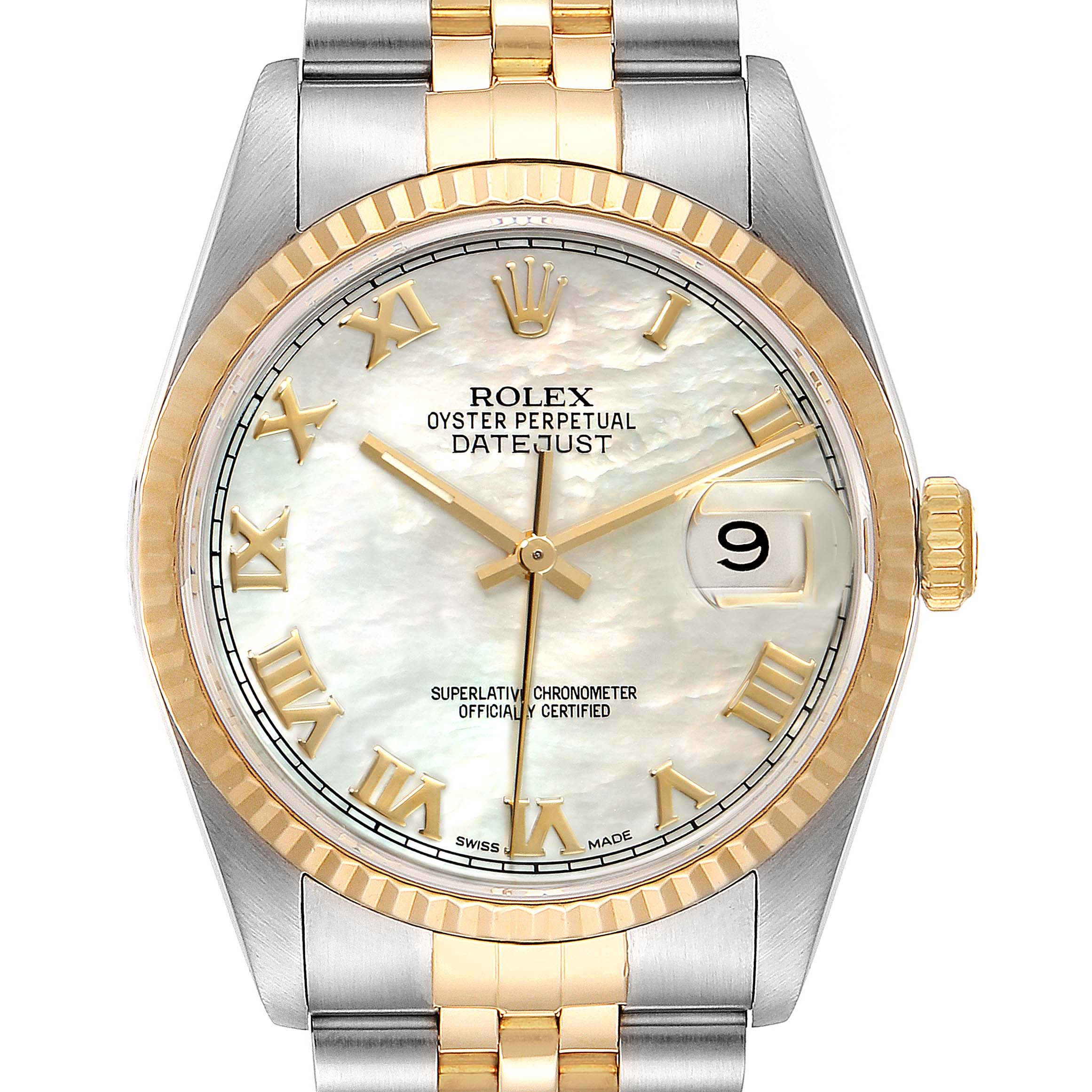 This image shows a Rolex Datejust 16233 Men
s Steel and Gold (two tone) Mother of Pearl Dial 16233 Men
s Steel and Gold (two tone) Mother of Pearl Dial watch head-on, highlighting its dial, hands, date window, and two-tone bracelet.